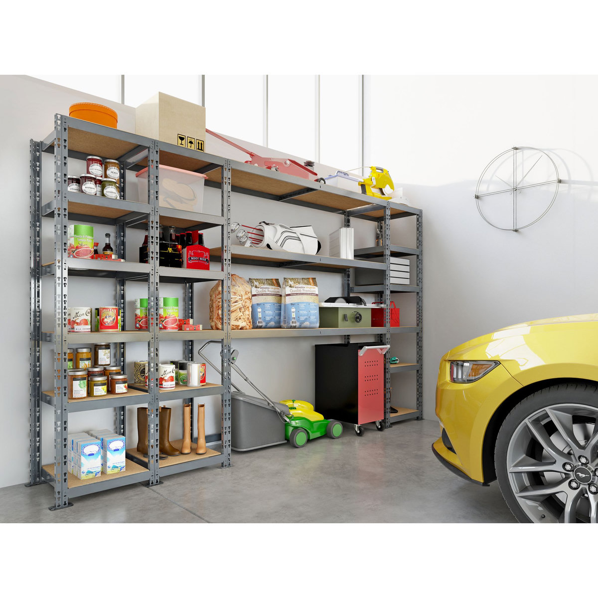 Concept rangement de garage MODULÖ STORAGE SYSTEME EXTENSION 4 étagères 21 plateaux longueur 300 cm