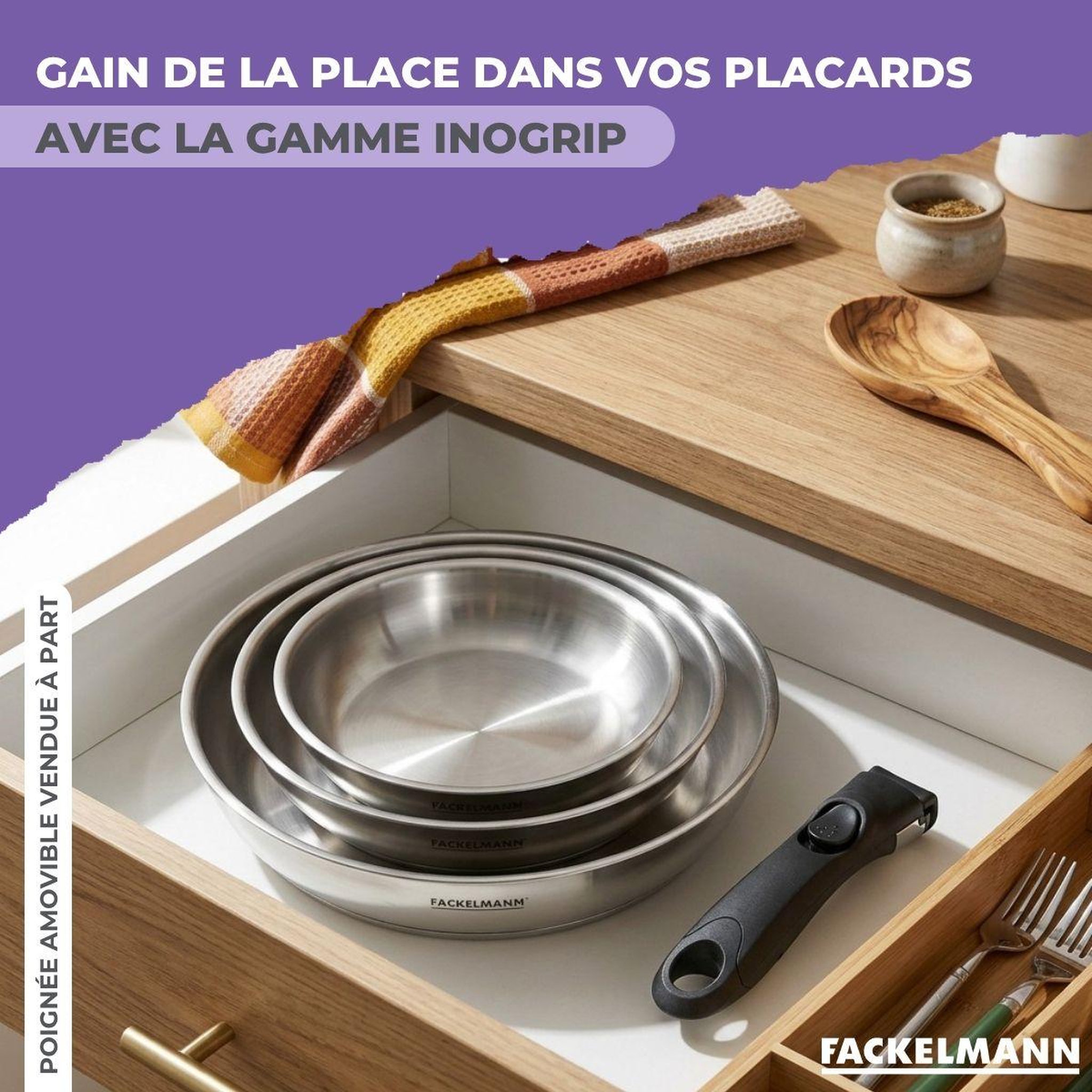 Voir la diapositive 6 : Fackelmann Poêle 24 cm en inox manche amovible fackelmann inogrip