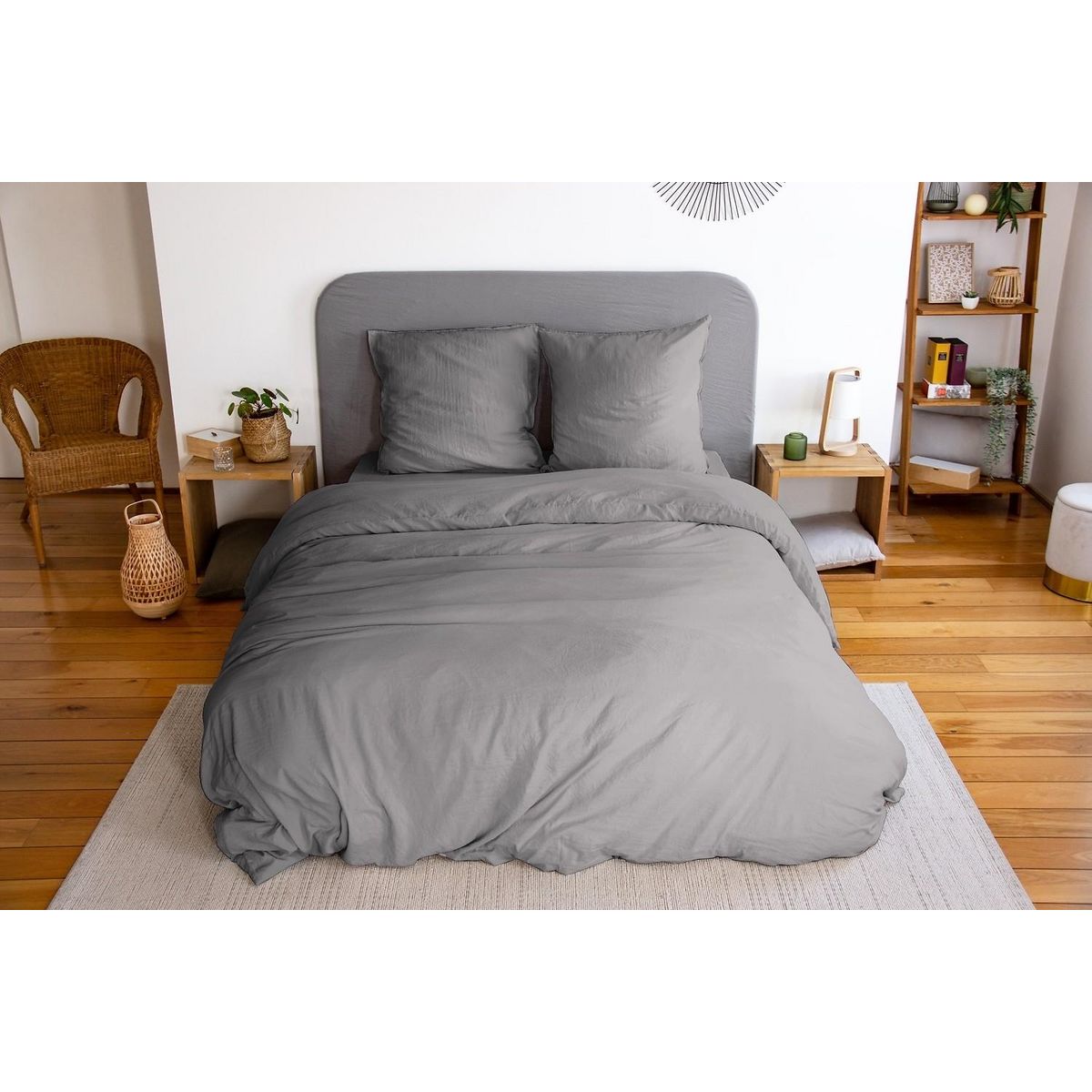 Home collection Parure microfibre lavee 240x220cm gris anthracite