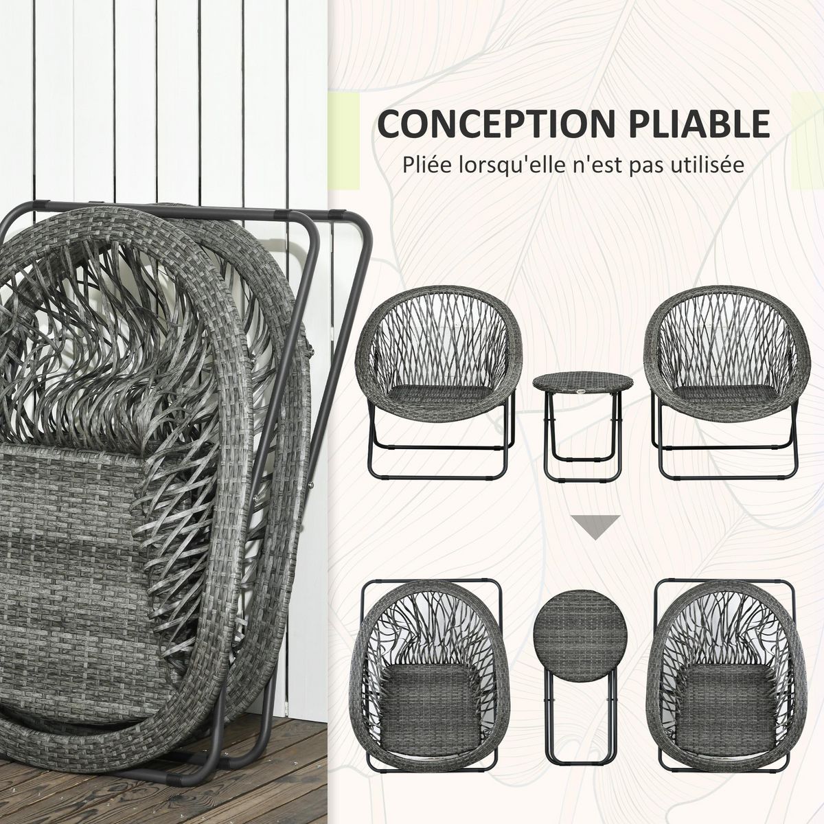 OUTSUNNY Ensemble bistro de jardin style Acapulco 3 pcs pliables - 2 fauteuils, table basse - acier résine tressée gris