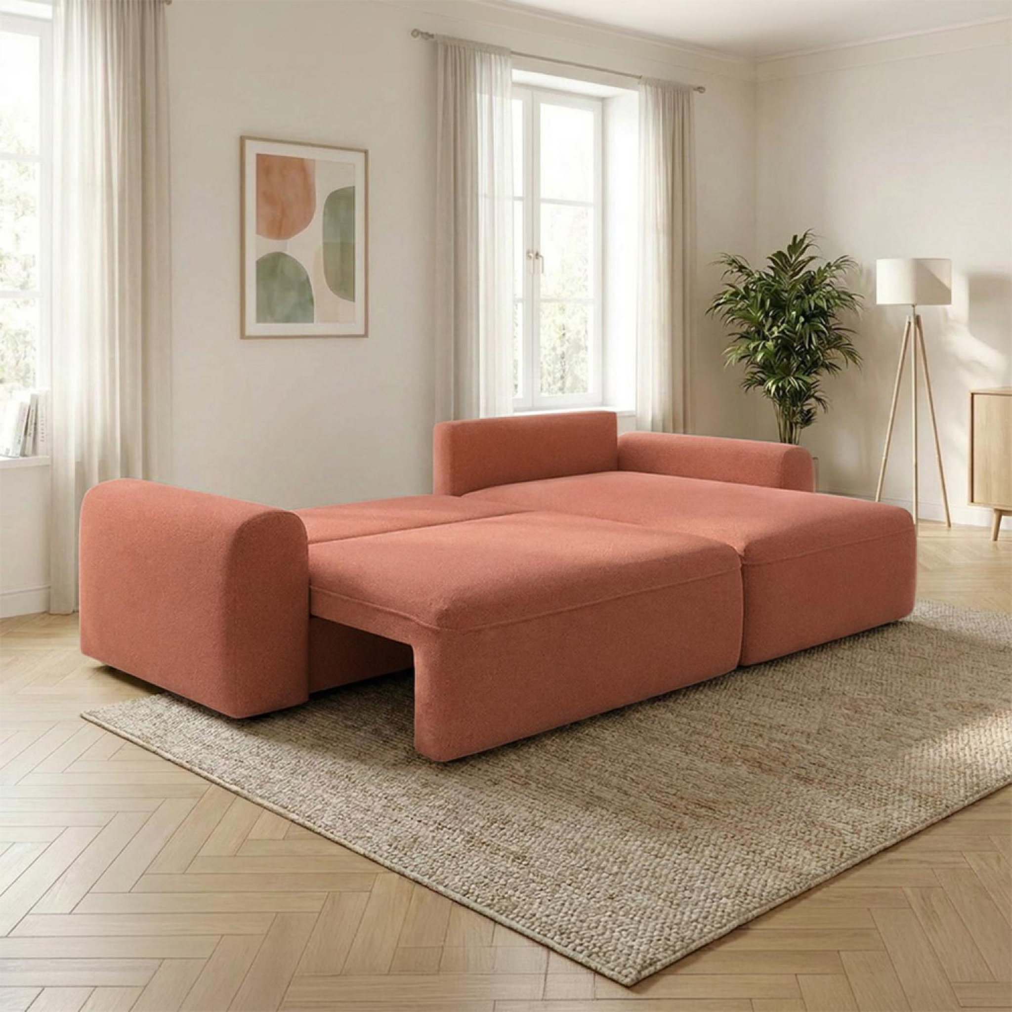 Voir la diapositive 6 : CONCEPT USINE Canapé d'angle convertible 4 places en tissu bouclé avec coffre de rangement belair