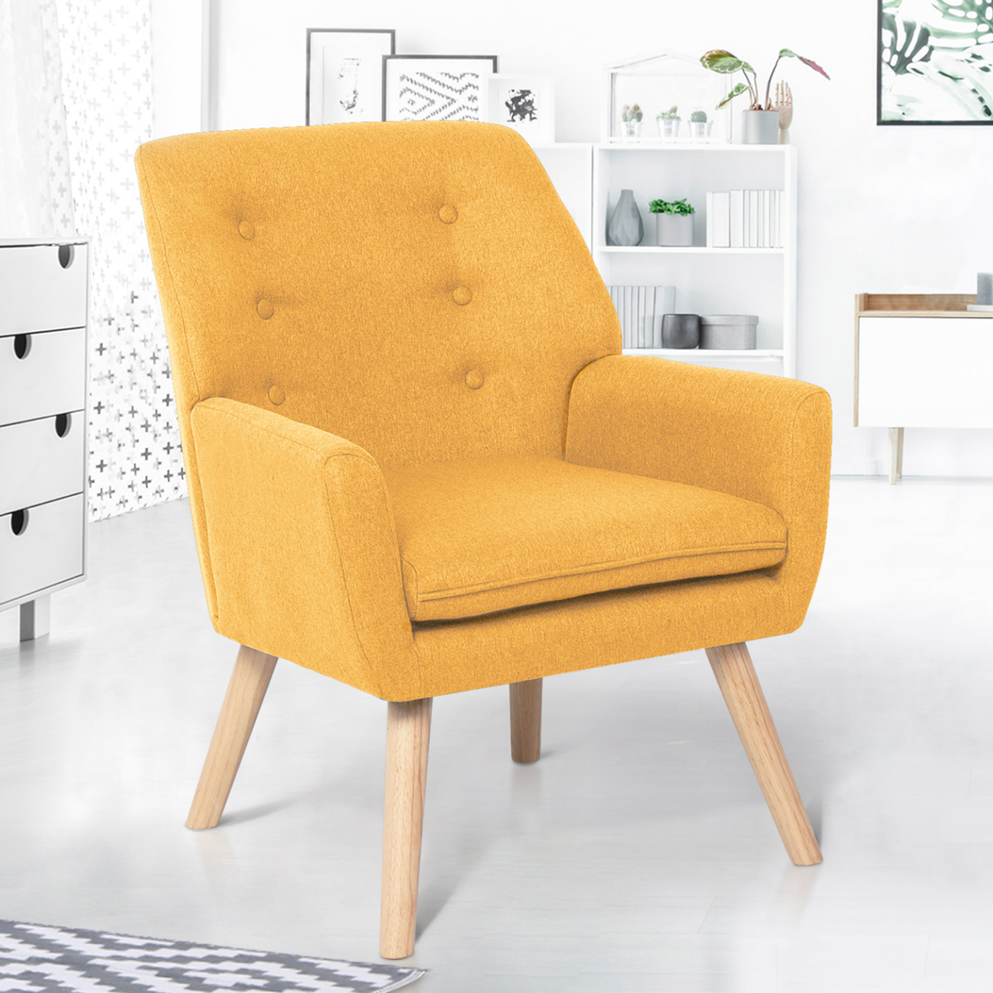 Voir la diapositive 2 : ID MARKET Fauteuil scandinave nat en tissu jaune moutarde