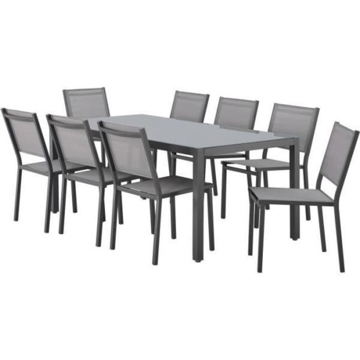 MARKET24 Ensemble repas de jardin : Table 180 cm + 8 chaises - Structure aluminium - Plateau verre trempé - Gris