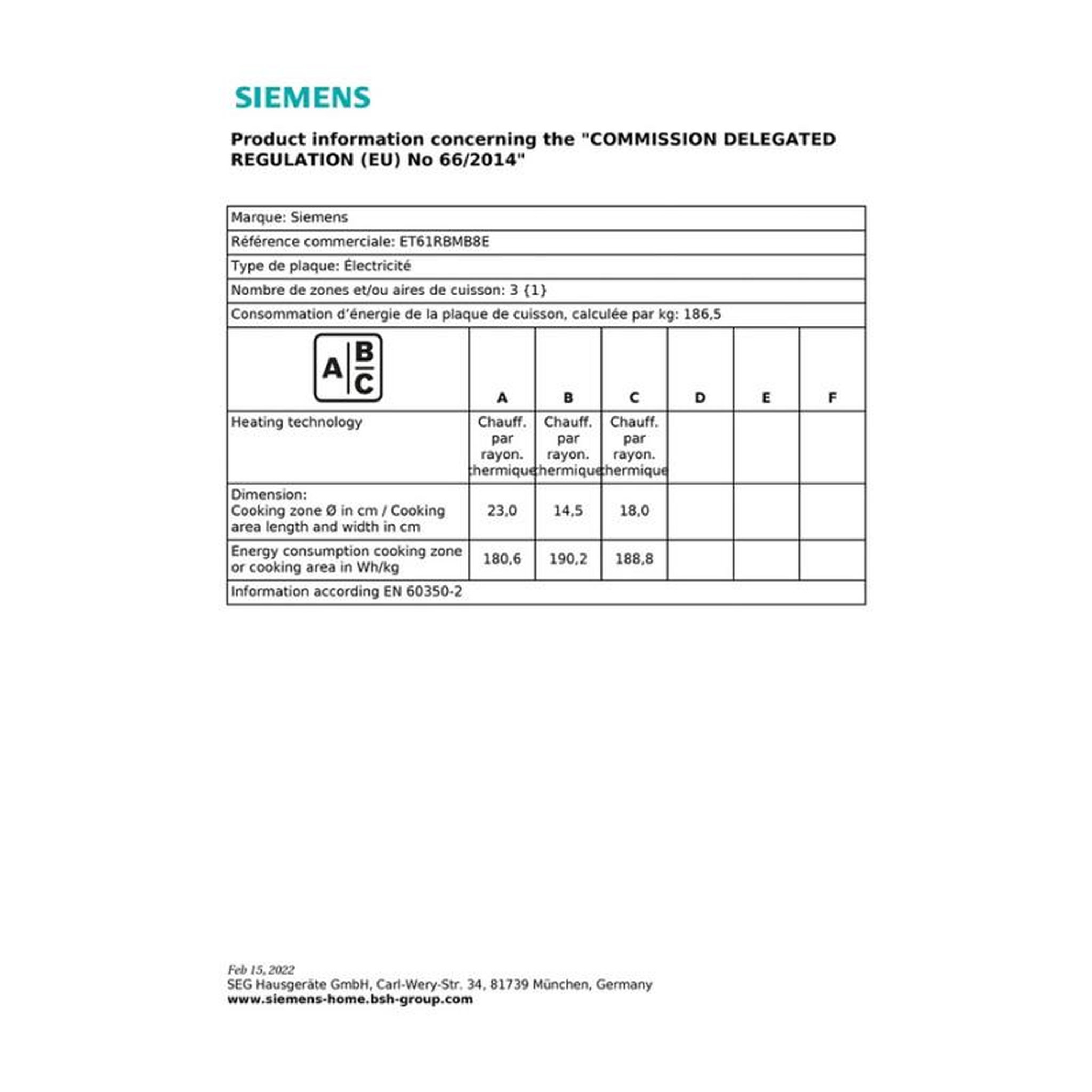 Voir la diapositive 6 : Siemens Table de cuisson vitrocéramique 60cm 3 feux 5700w noir - et61rbmb8e