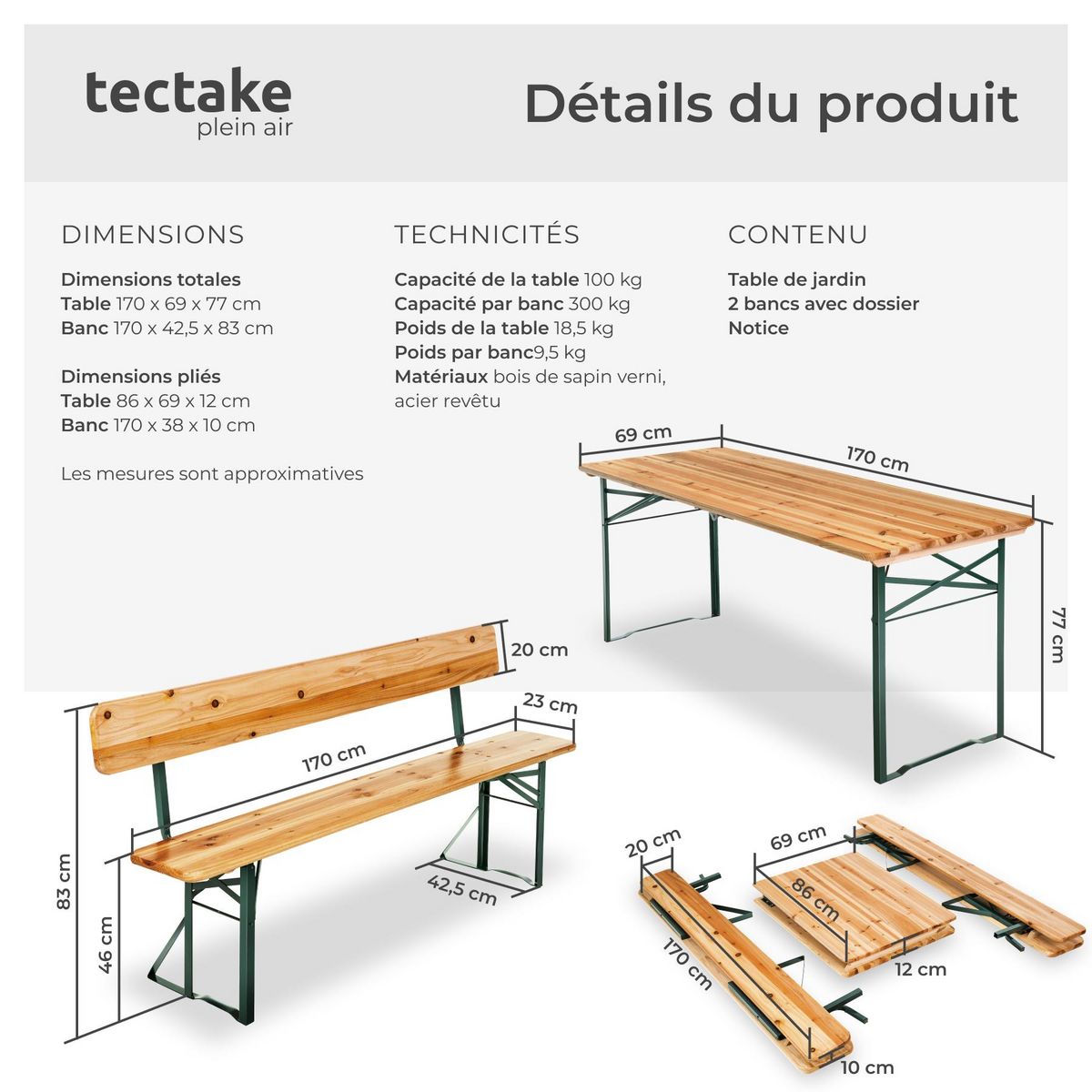 tectake Ensemble table et bancs de brasserie 3 pièces pliables avec dossiers amovibles marron