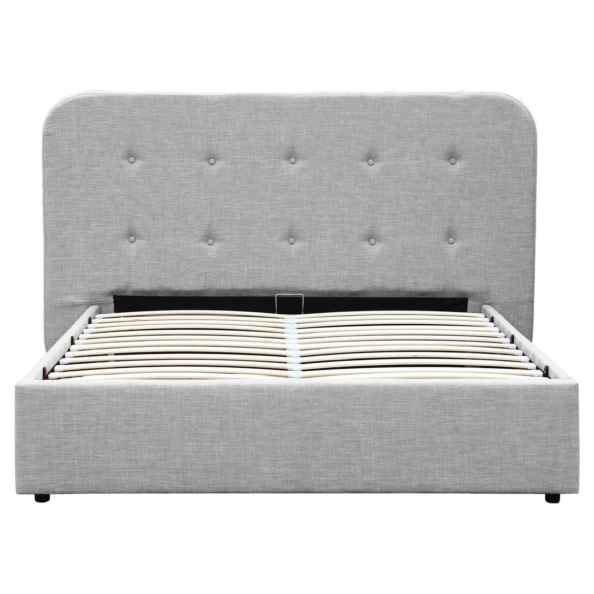 Lit coffre avec sommier relevable et tête de lit capitonnée en tissu gris clair 140x190 cm JOHN