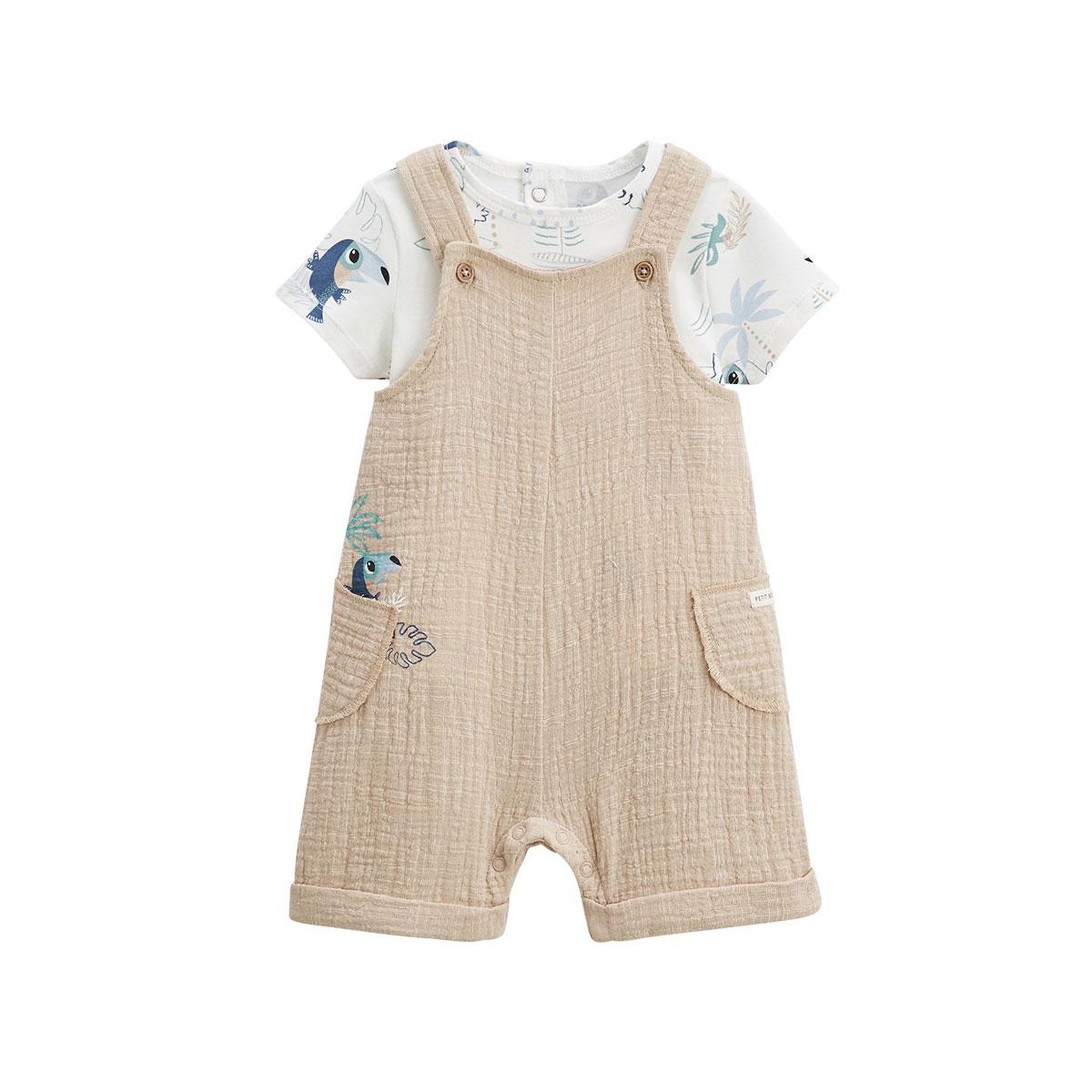 Voir la diapositive 1 : PETIT BEGUIN Ensemble salopette bébé en gaze de coton et t-shirt toucana