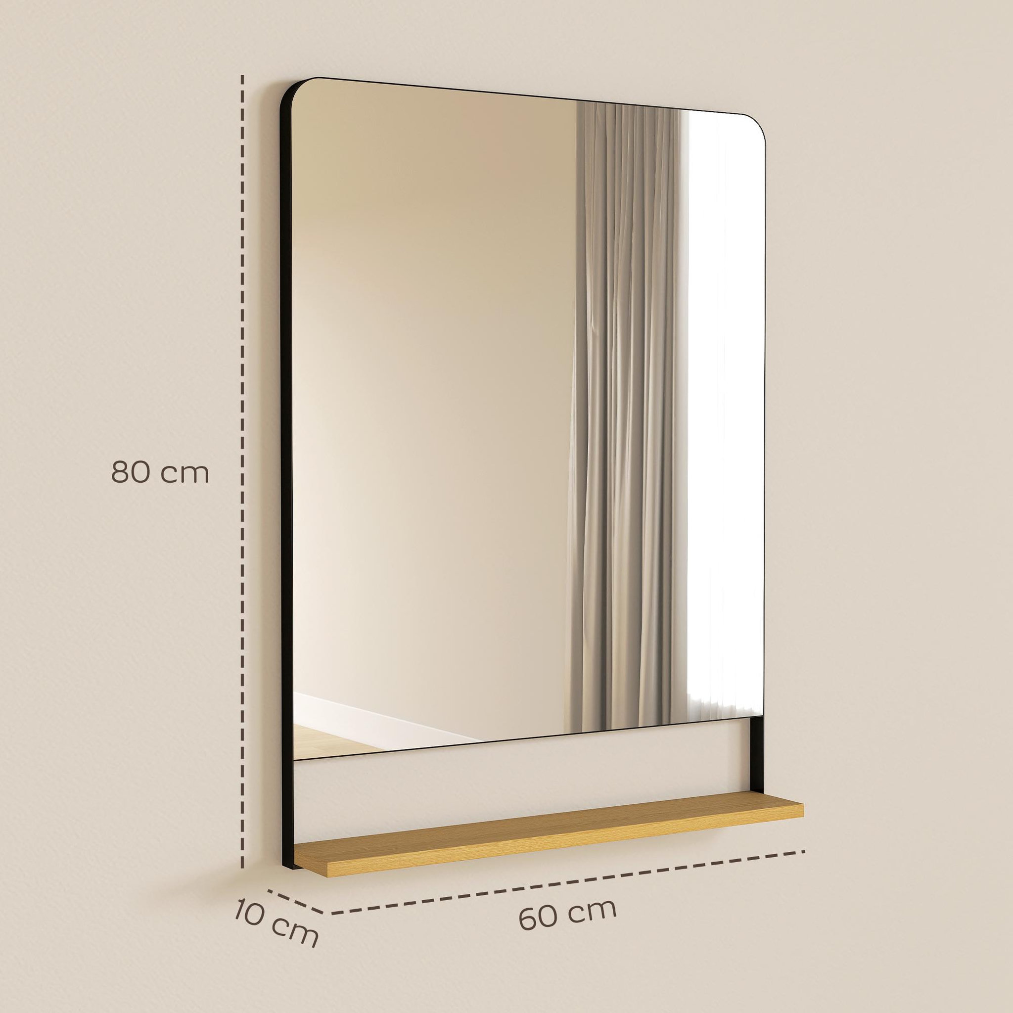 Voir la diapositive 3 : HOMCOM Miroir mural 80 x 60 cm avec étagère bois cadre en métal noir