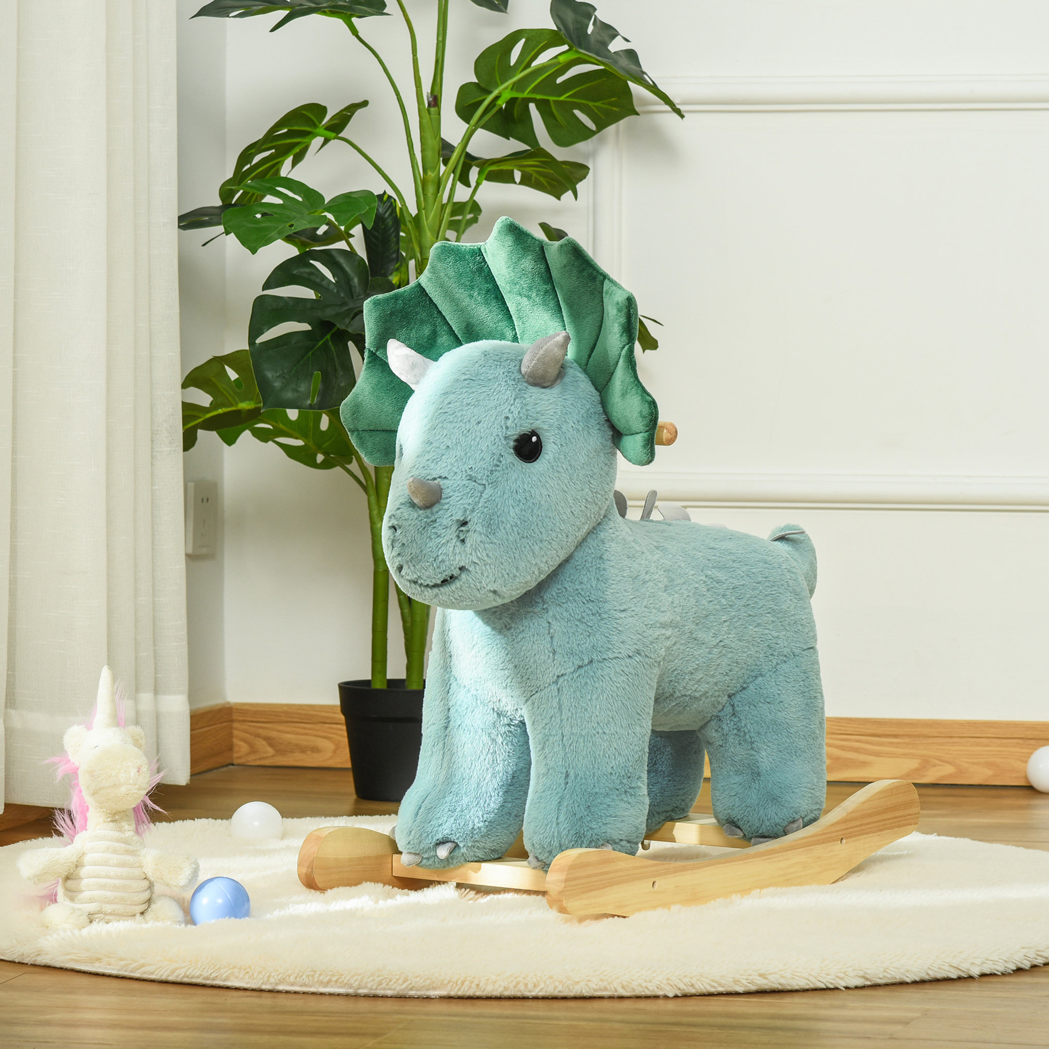 Voir la diapositive 2 : HOMCOM Jouet à bascule dinosaure effet sonore rugissement bois peuplier peluche courte polyester vert d'eau