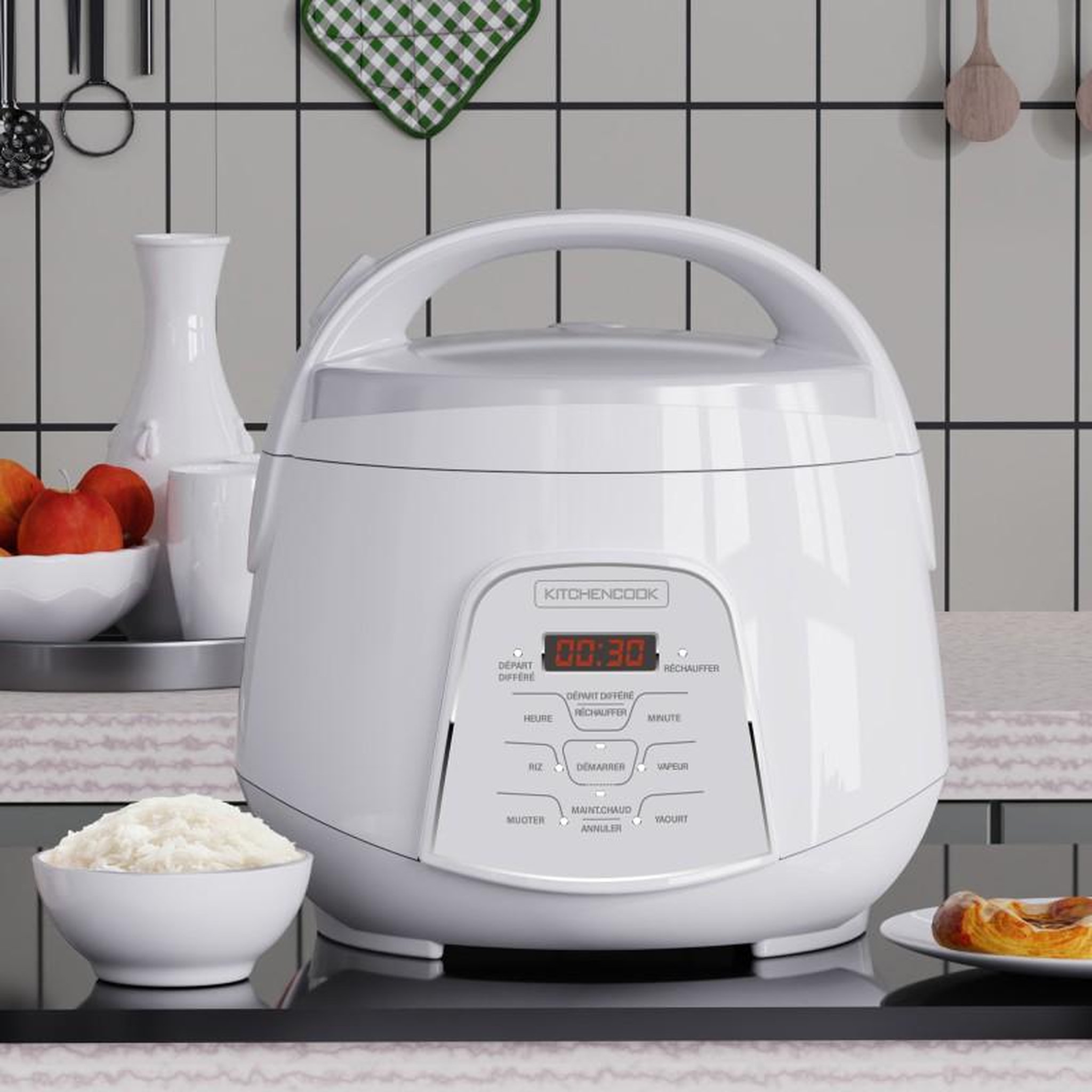 Voir la diapositive 2 : KITCHENCOOK Kitchencook - cuiseur à riz 2.2l - panier vapeur intégré - 400w - 4 menus de cuisson automatique - départ différé - blanc
