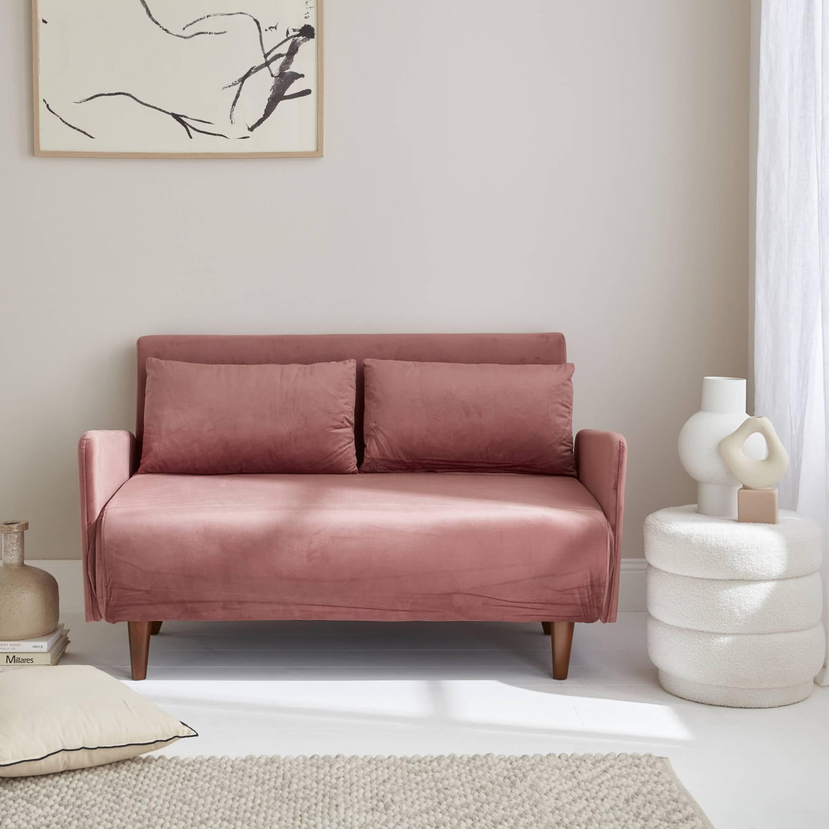 SWEEEK Canapé convertible en velours - Panam - 2 places scandinave. pieds bois foncé. vieux rose. banquette. dossier inclinable