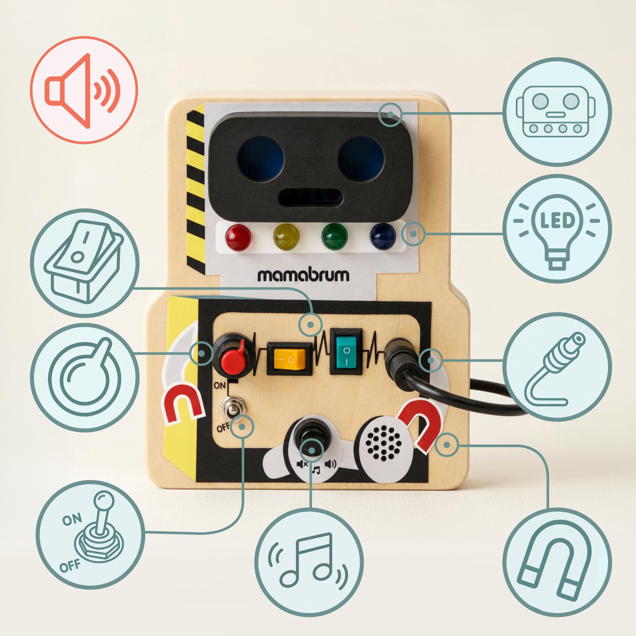 Voir la diapositive 4 : MAMABRUM Tableau Activites Robot Bois Mamabrum Boutons LED Interrupteurs Câble 3 Ans+