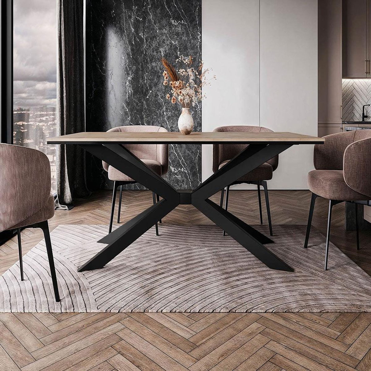 BEST MOBILIER Casey - table à manger - plateau effet bois - pieds en métal - 4 à 8 personnes