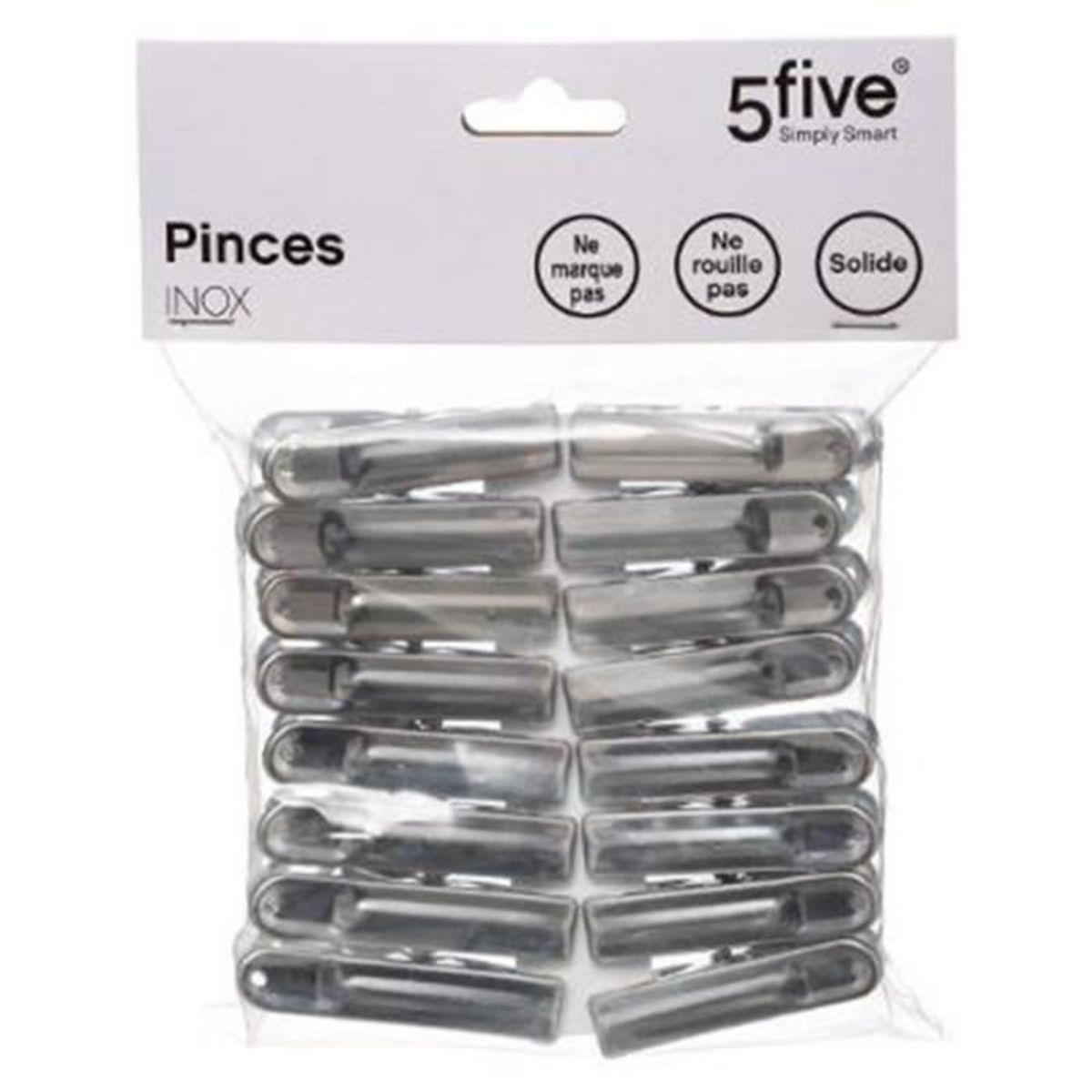 FIVE Lot de 16 Pinces à Linge  Inox  6cm Gris