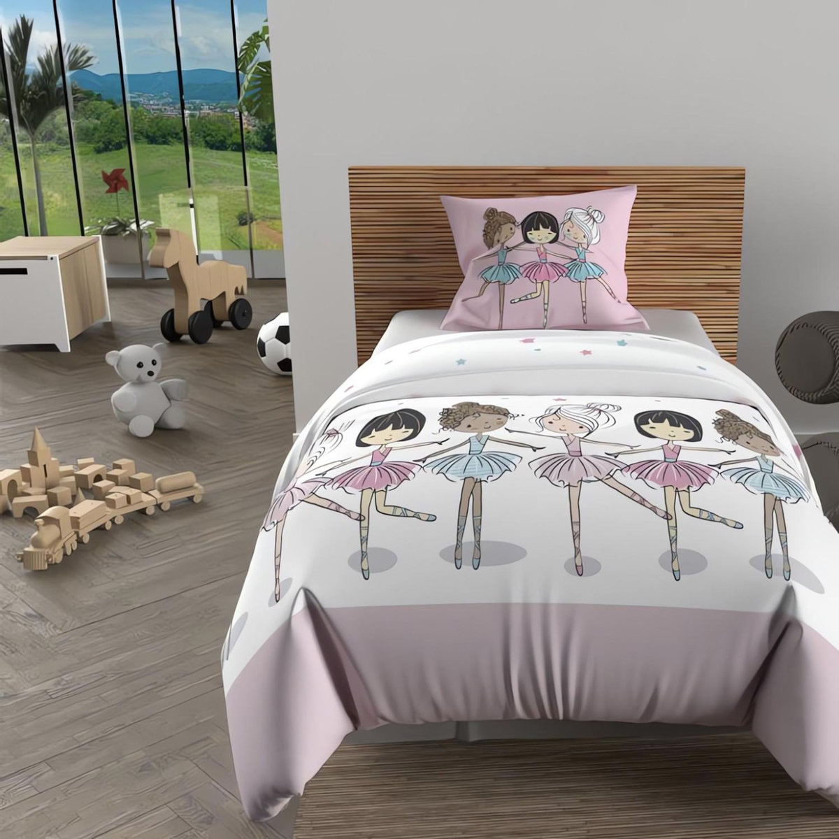 SOLEIL D'OCRE Ensemble couette et parure 5 Pièces DANSEUSES rose pour lit en 90x190 cm, par Soleil d'ocre