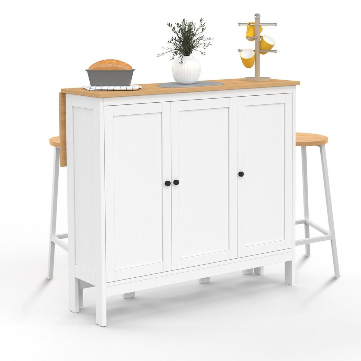 ID MARKET Ensemble table de bar îlot Achille et 2 tabourets bois blanc plateau façon hêtre