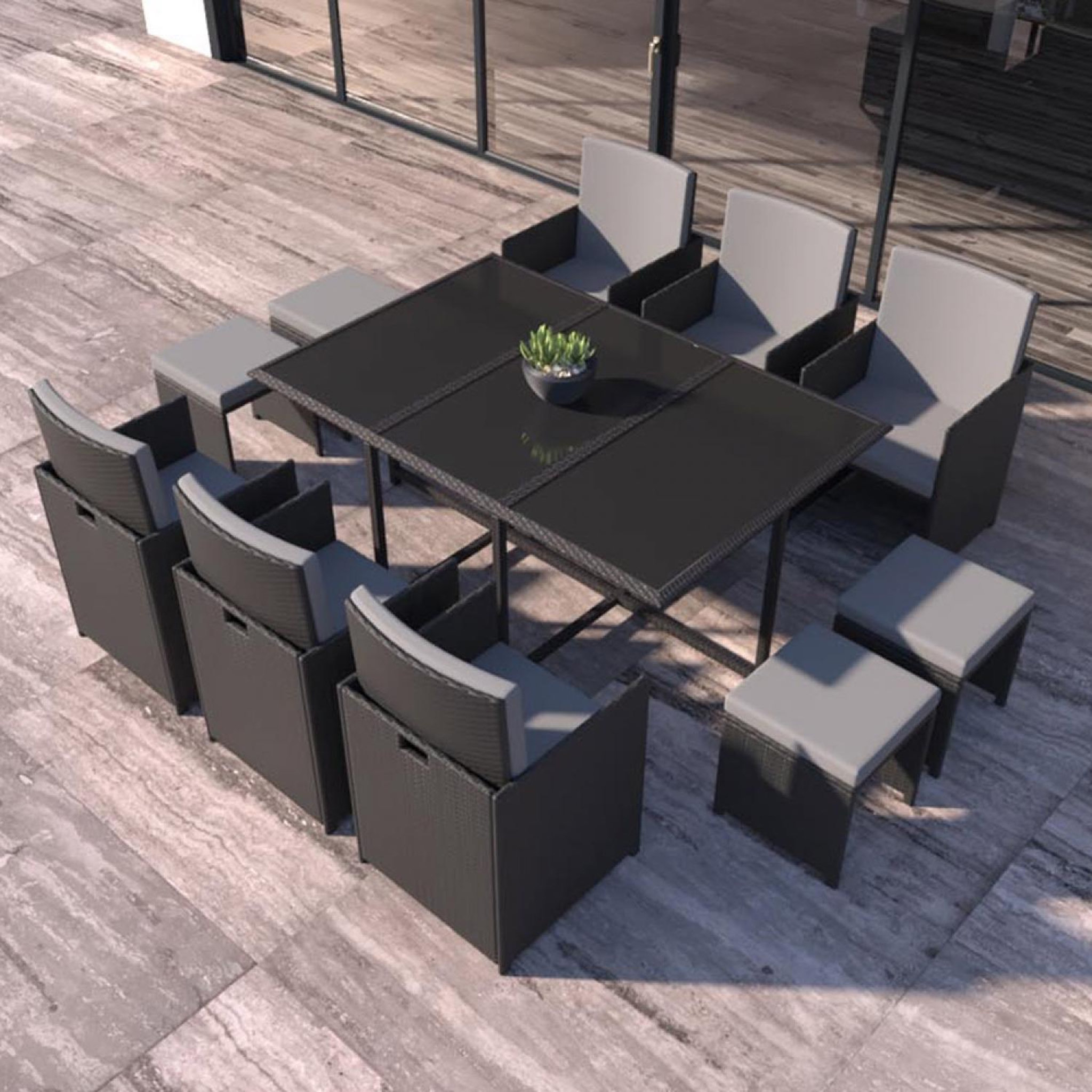 Voir la diapositive 2 : CONCEPT USINE Table et chaises 10 places en résine tressée noir et gris FLORIDA