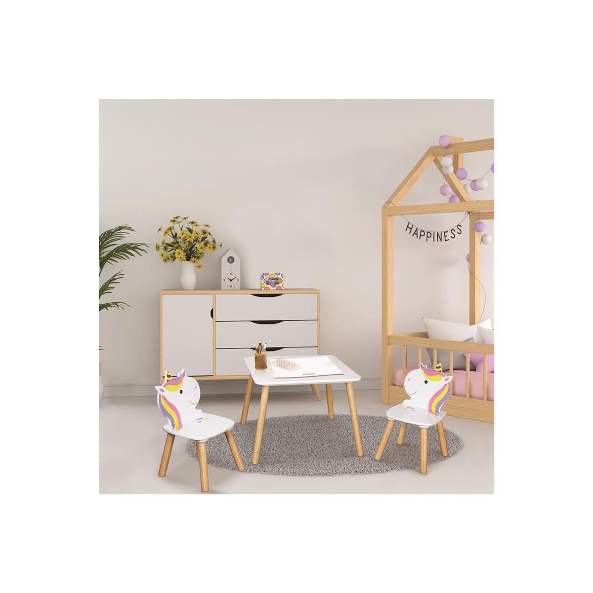 Paris Prix Table & 2 Chaises Enfant  Licorne Lily  55cm Blanc