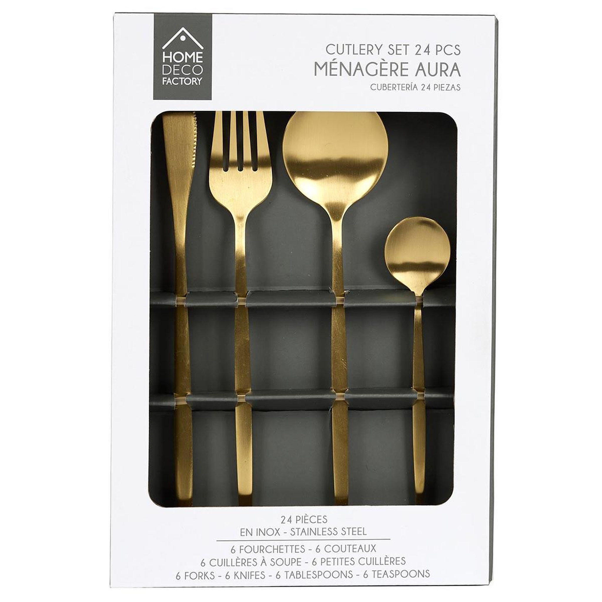 Voir la diapositive 3 : The Home Deco Factory Ménagère 24 Pièces  Aura  20cm Or