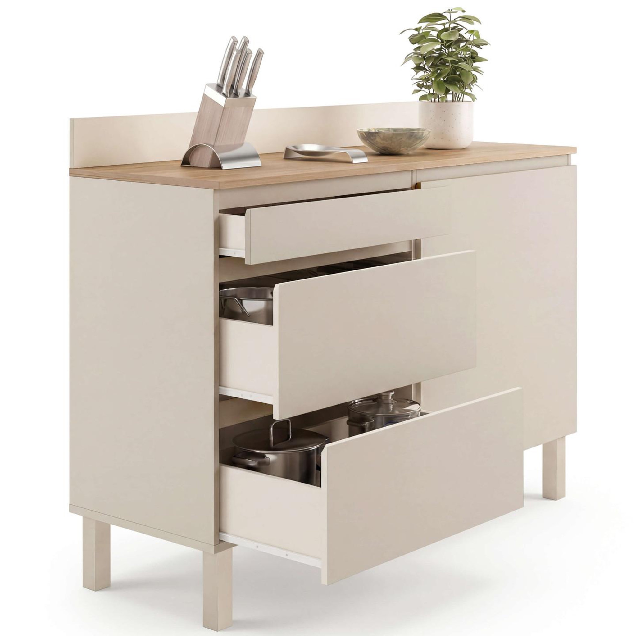 ID MARKET Buffet bas casserolier de cuisine 120 cm claude plan de travail effet bois h.83 cm 1 porte + 3 tiroirs beige