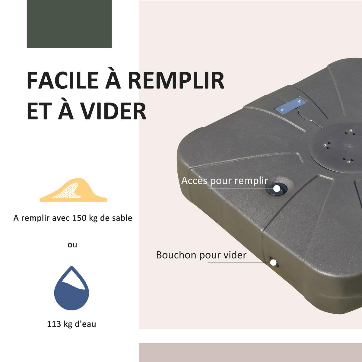 OUTSUNNY Pied de parasol déporté base de lestage parasol déporté dim. 88L x 88l x 19H cm HDPE gris