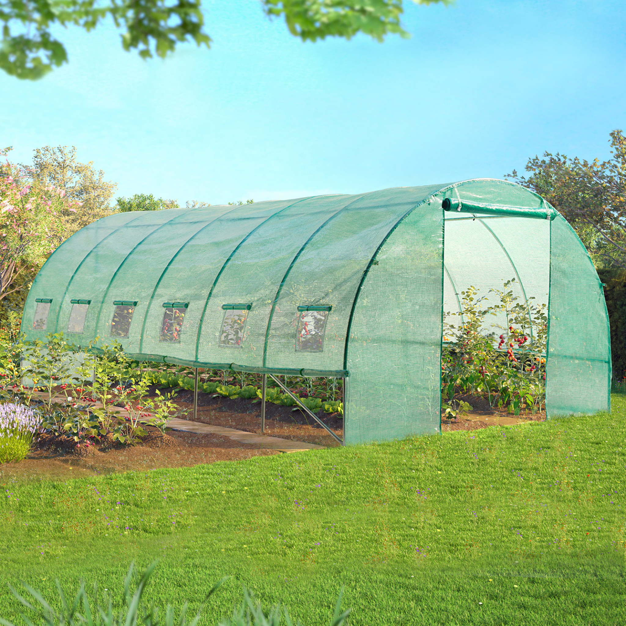 Voir la diapositive 3 : ID MARKET Serre de jardin tunnel 18m² 6 x 3 x 2 m acier galvanisé + bâche anti-uv avec porte et fenêtres crimée verte toutes saisons