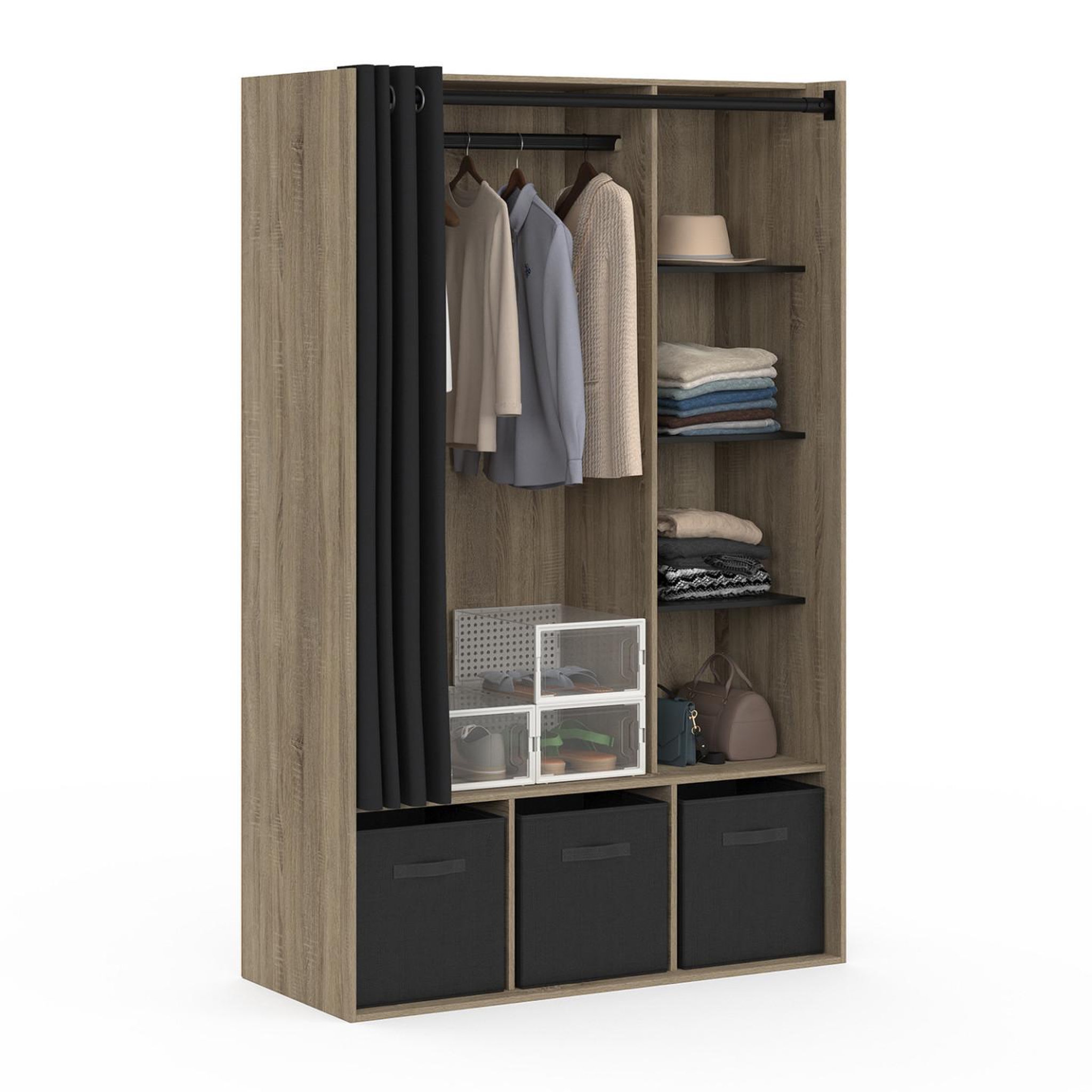 ID MARKET Dressing penderie diane 105 x 45 x 167 cm hêtre avec étagères + boites de rangement + rideau noir