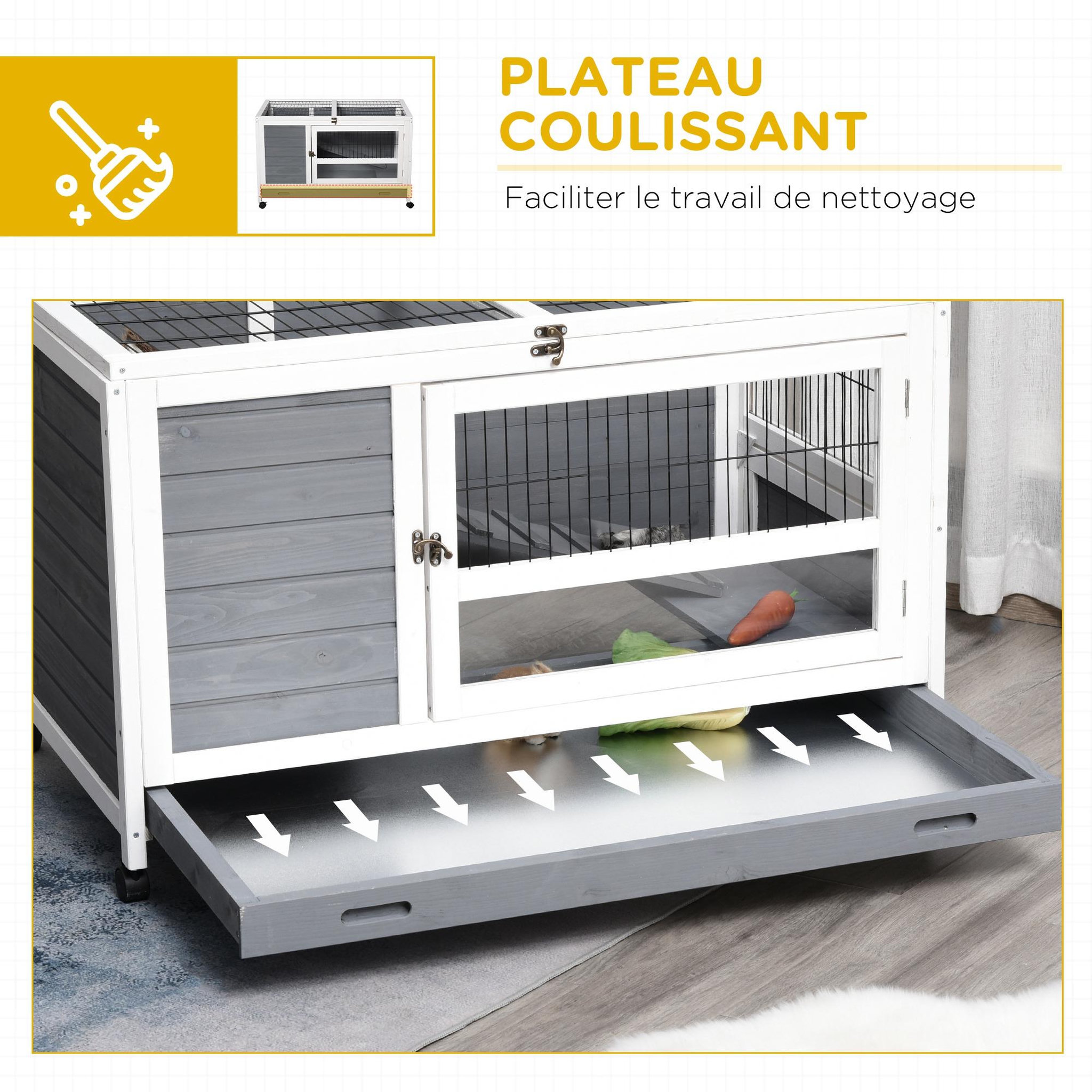 Voir la diapositive 6 : PAWHUT Clapier à lapin sur roulettes cage à lapin 2 niv. 2 portes verrouillables toit ouvrant plateau coulissant rampe bois gris blanc