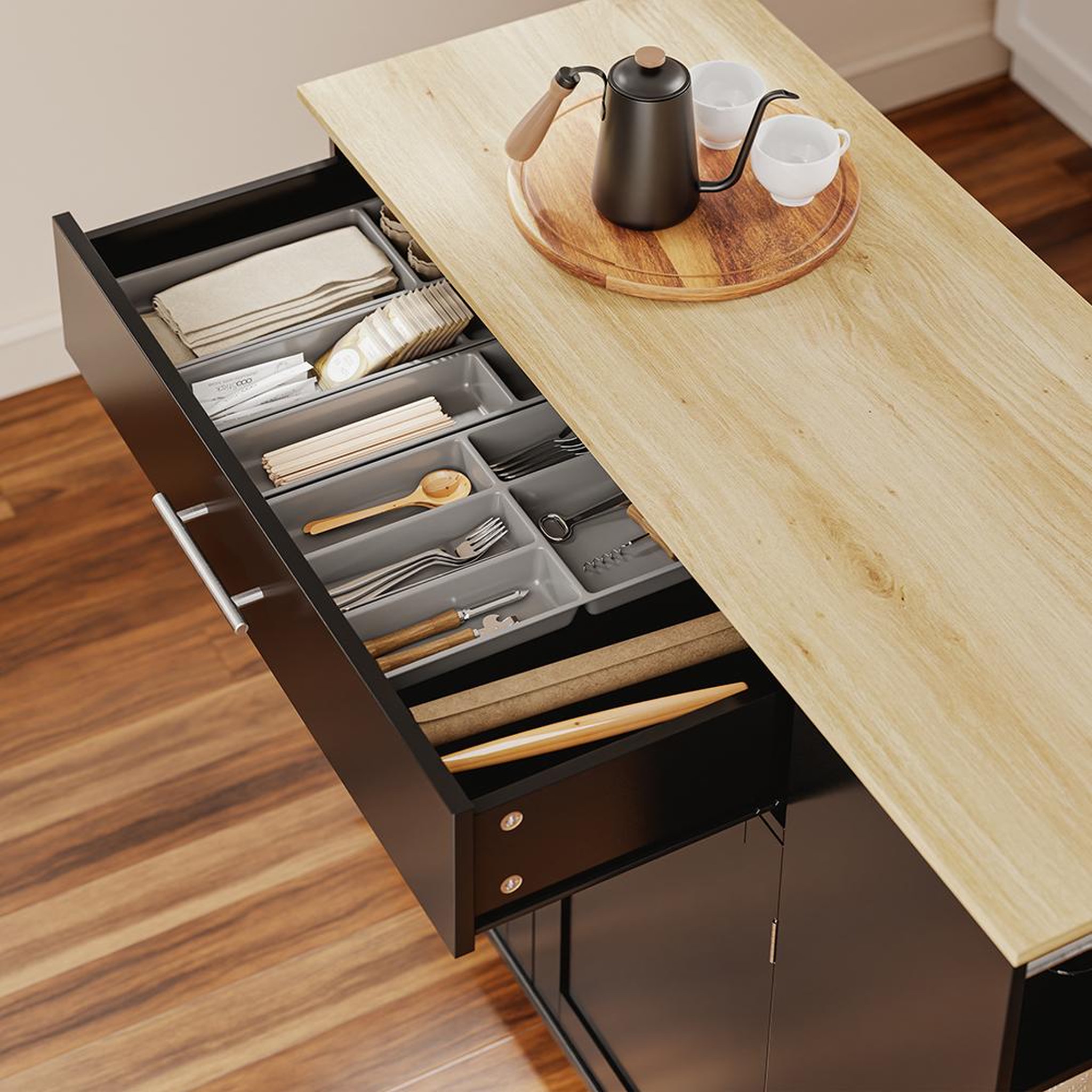Voir la diapositive 5 : SOBUY Îlot de cuisine mobile avec tiroir et rangement, noir, 99x40x84.3 cm, fkw133-sch