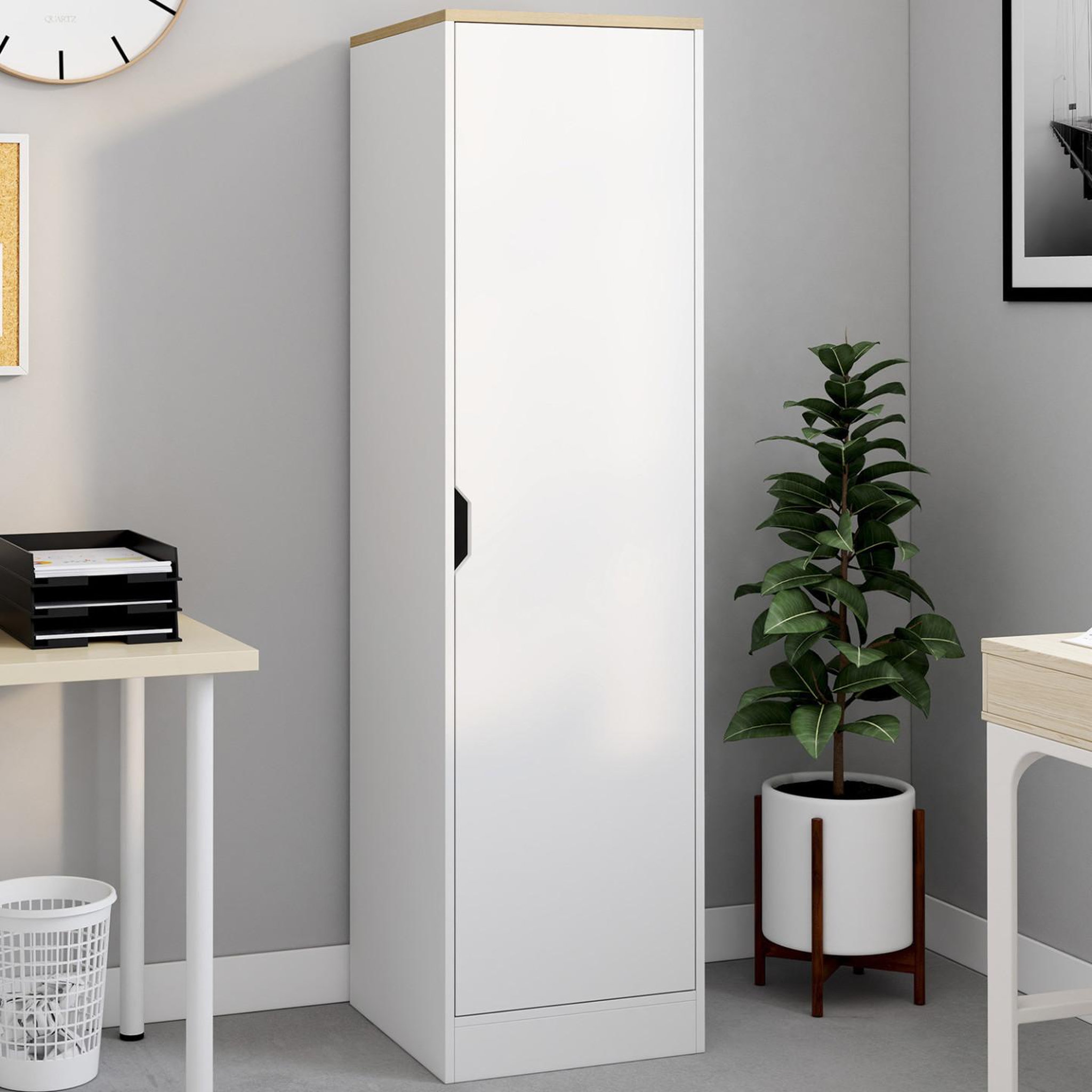 Voir la diapositive 2 : ID MARKET Armoire de rangement NOUK 1 porte avec étagères blanc et bois