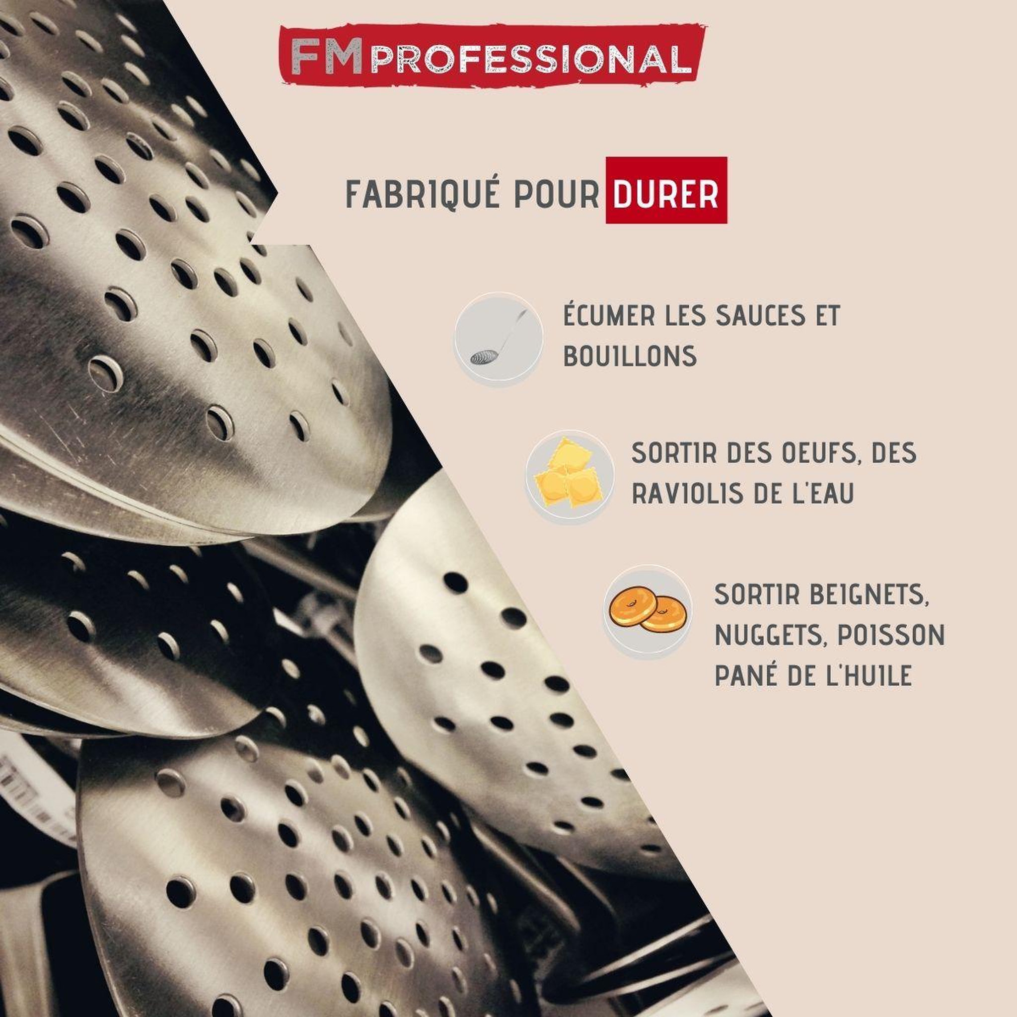 Voir la diapositive 2 : FM PROFESSIONAL Ecumoire de cuisine inox 50 cm fm professional divers