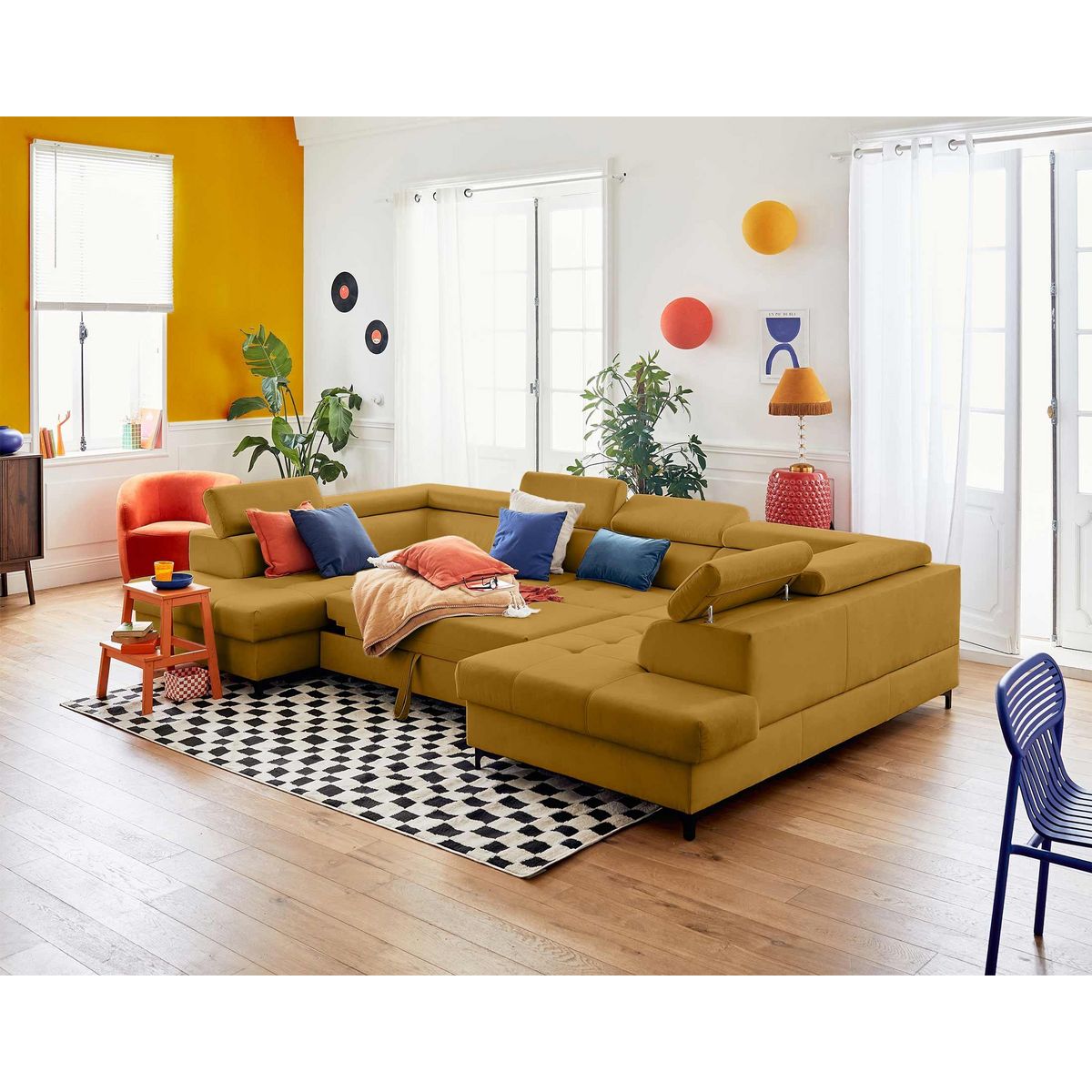 LISA DESIGN Merida - canapé panoramique en u - 7 places - convertible avec coffres et têtières réglables - en velours