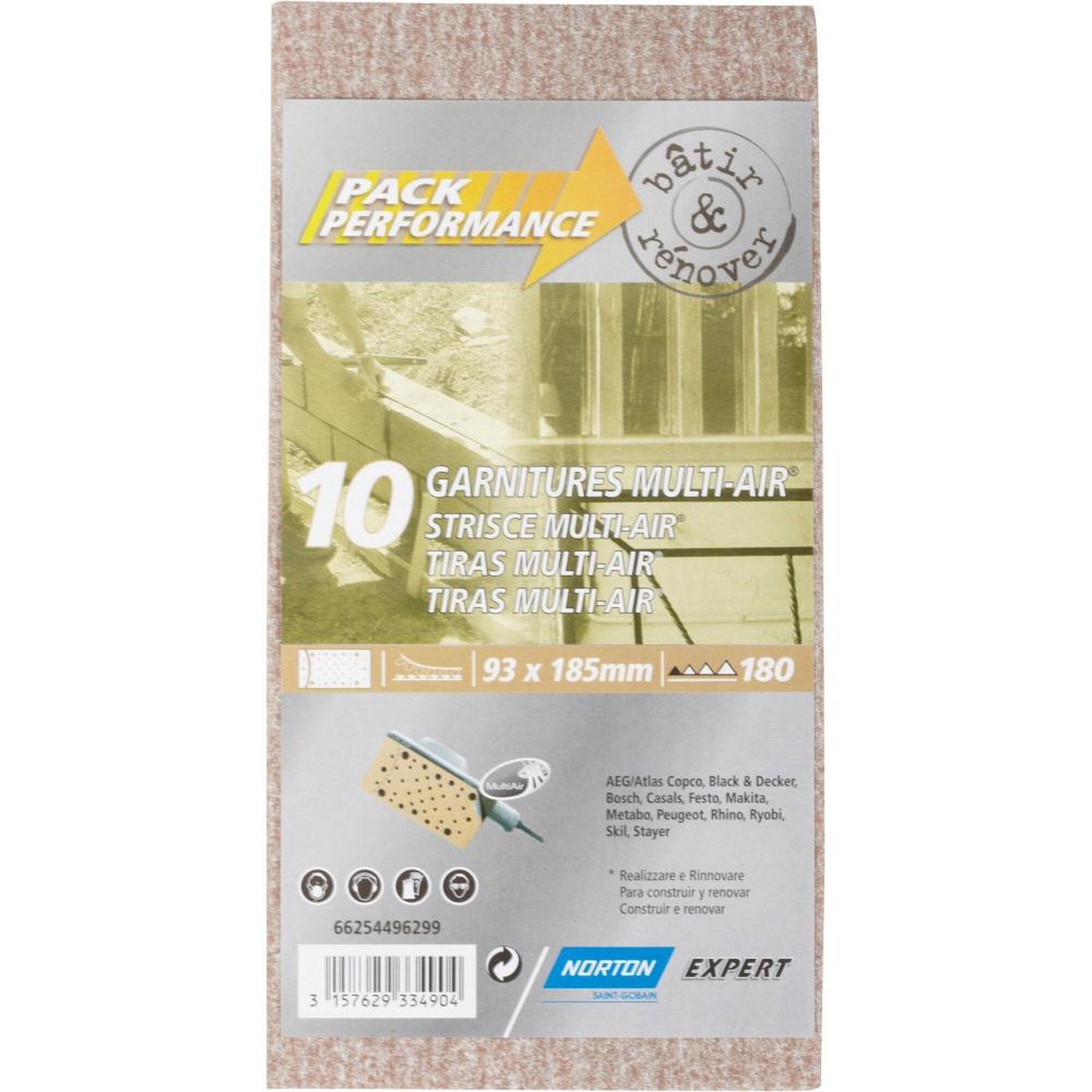 Norton Lot de 10 patins abrasifs NORTON, 93x185 mm, grains 180