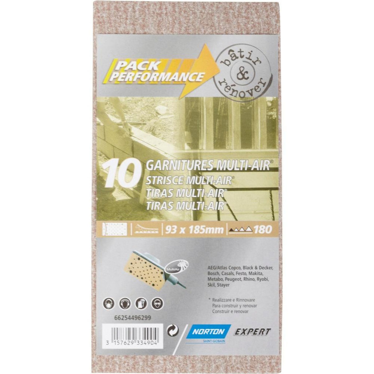 Norton Lot de 10 patins abrasifs NORTON, 93x185 mm, grains 180