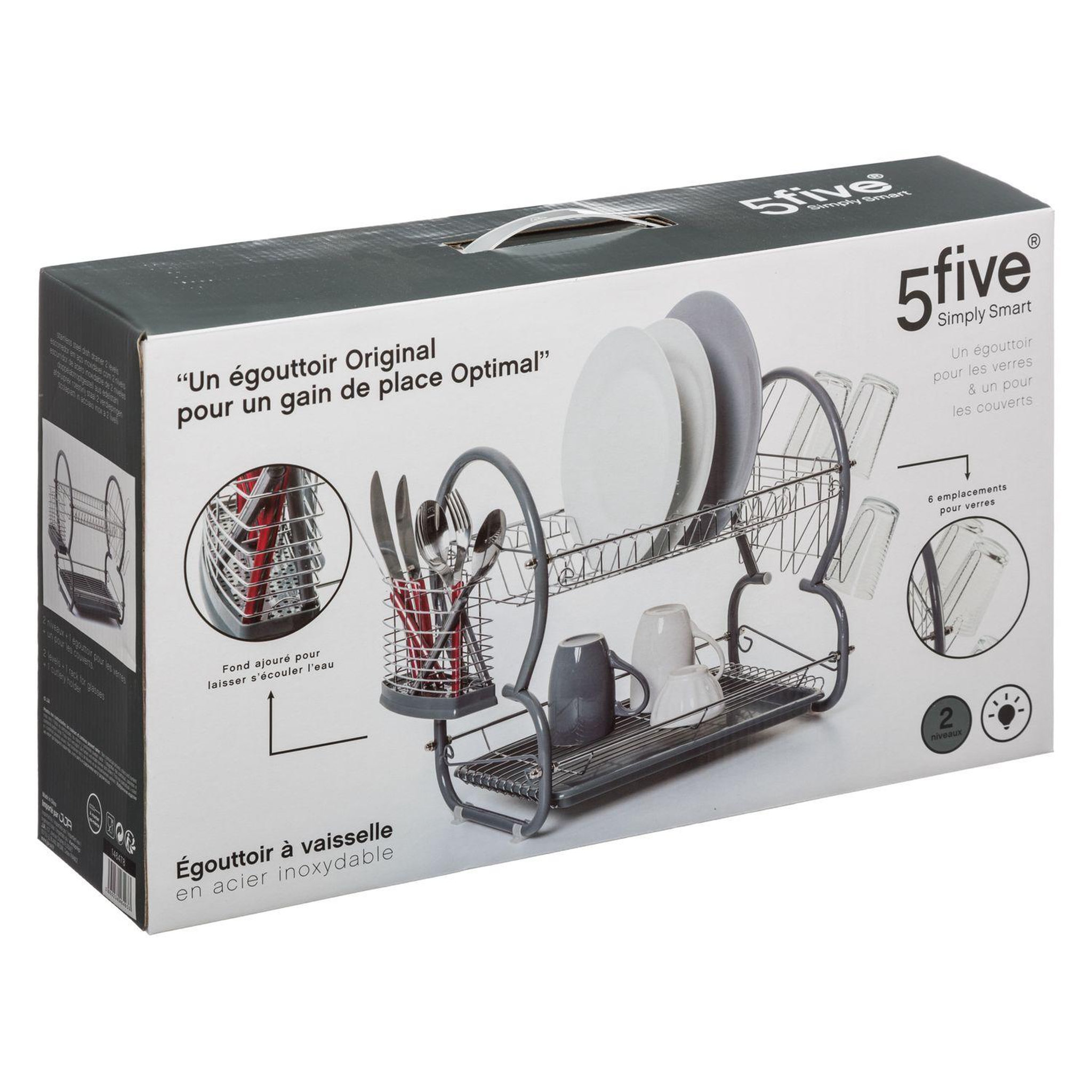 Voir la diapositive 4 : FIVE Egouttoir 2 niveaux en métal et polypropylène arrondi - Gris