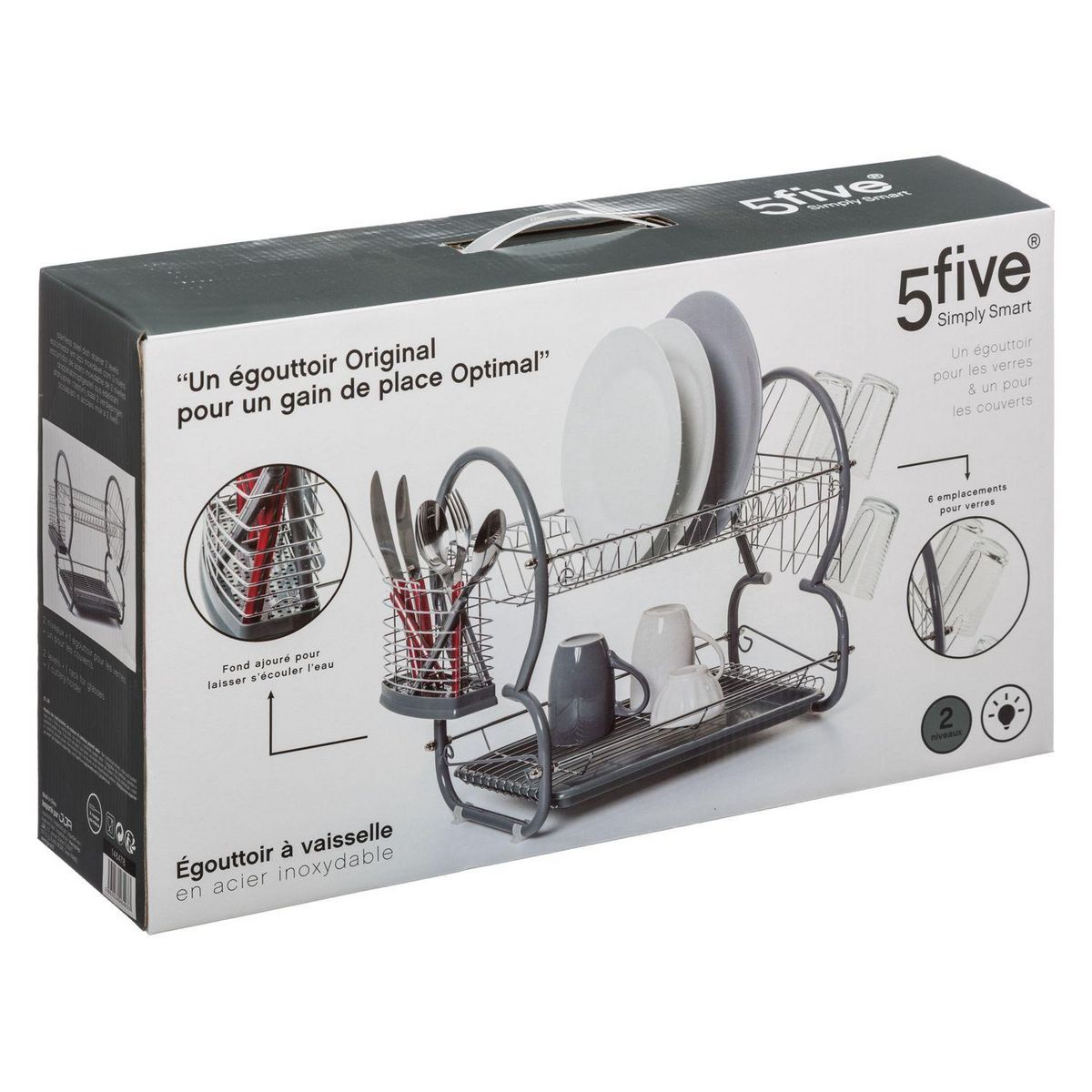 FIVE Egouttoir 2 niveaux en métal et polypropylène arrondi - Gris