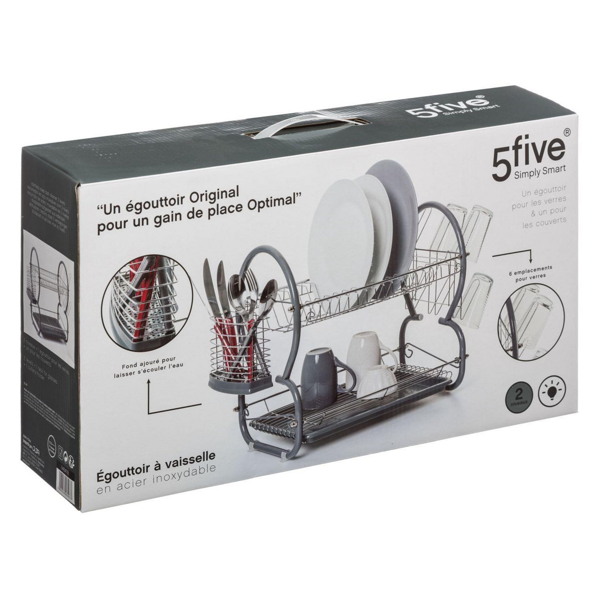 FIVE Egouttoir 2 niveaux en métal et polypropylène arrondi - Gris