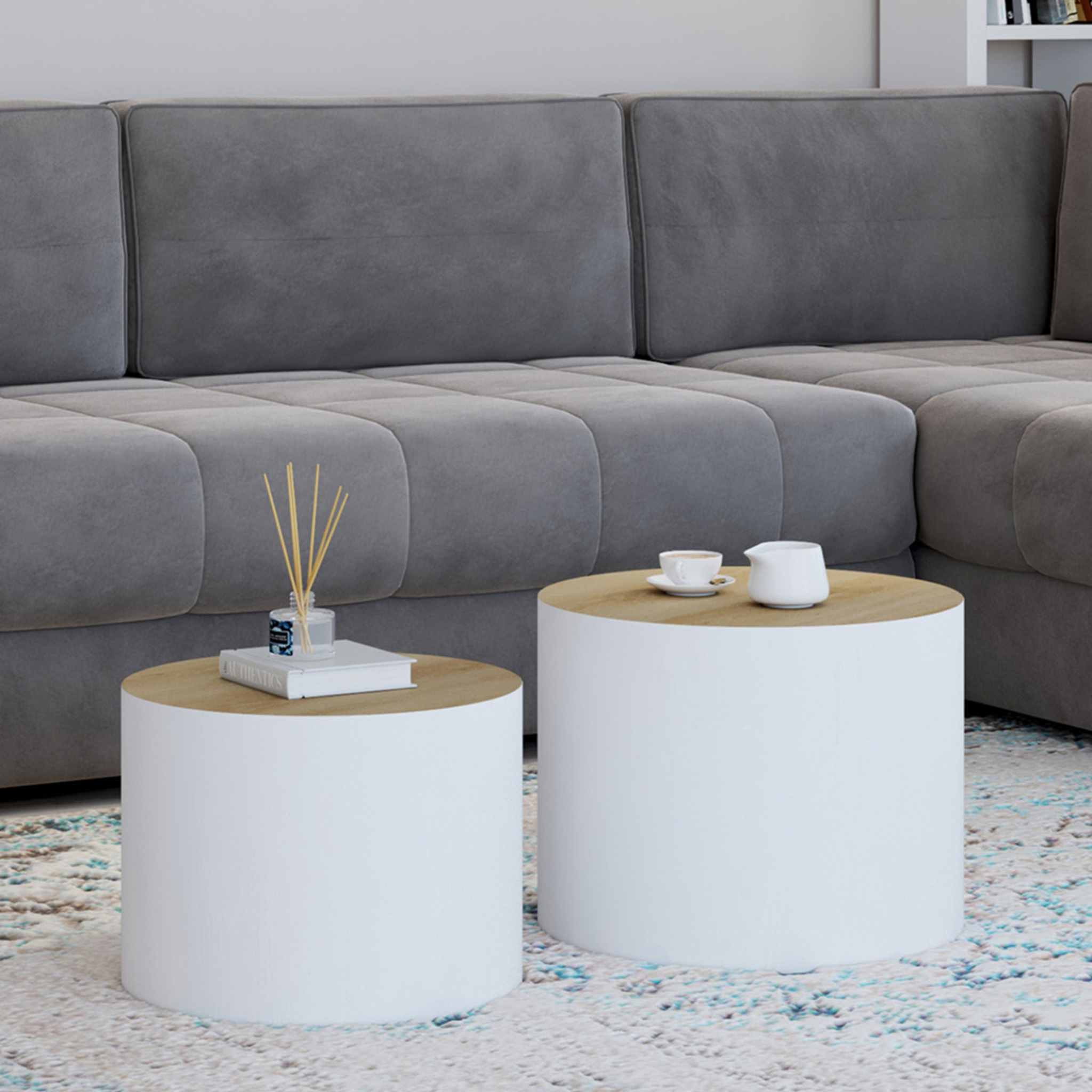 Voir la diapositive 2 : ID MARKET Lot de 2 tables basses cylindres gigognes galia bois et blanc