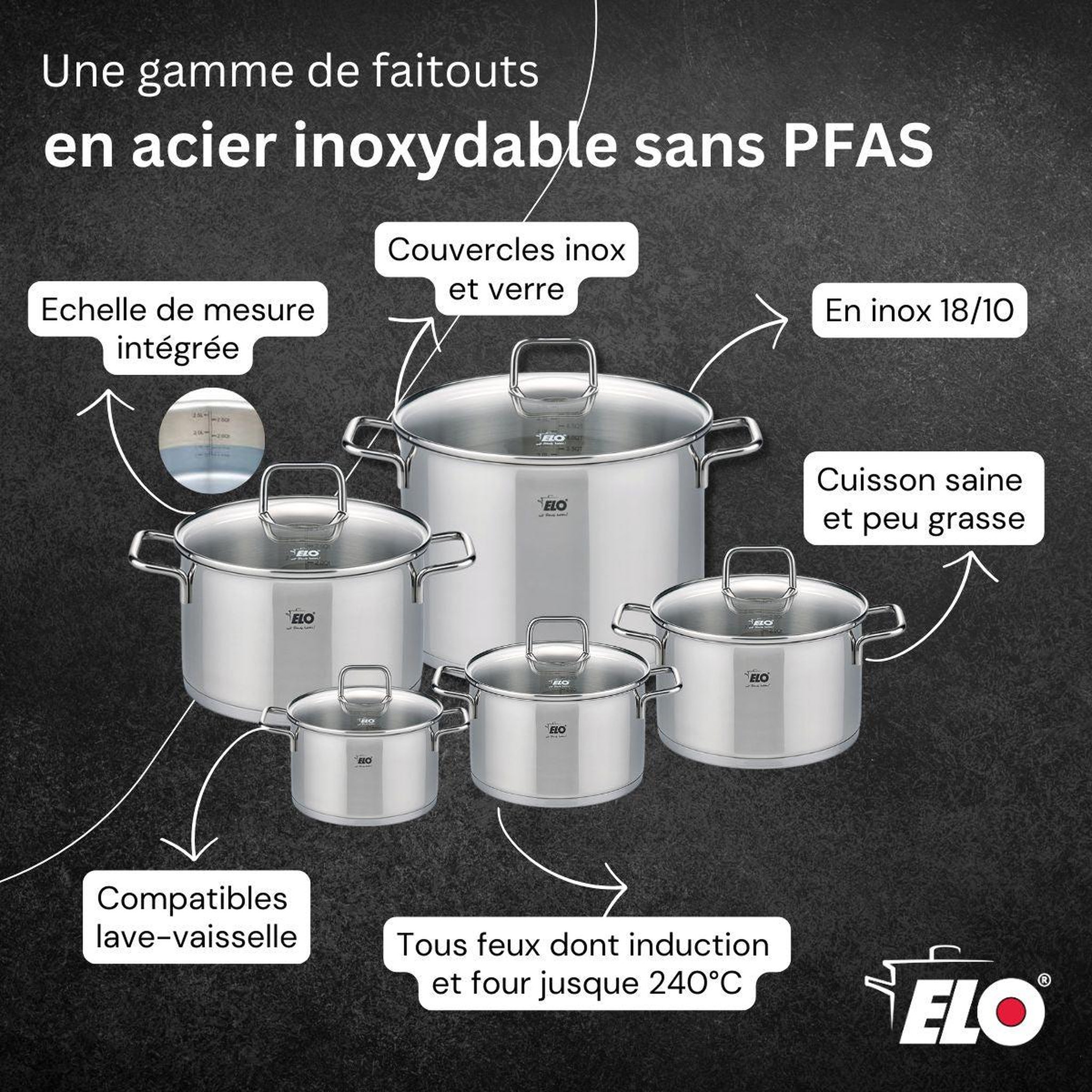 Voir la diapositive 5 : ELO Lot 2 poêles 24/28cm & 3 faitouts 12/16/20cm elo relief evolution