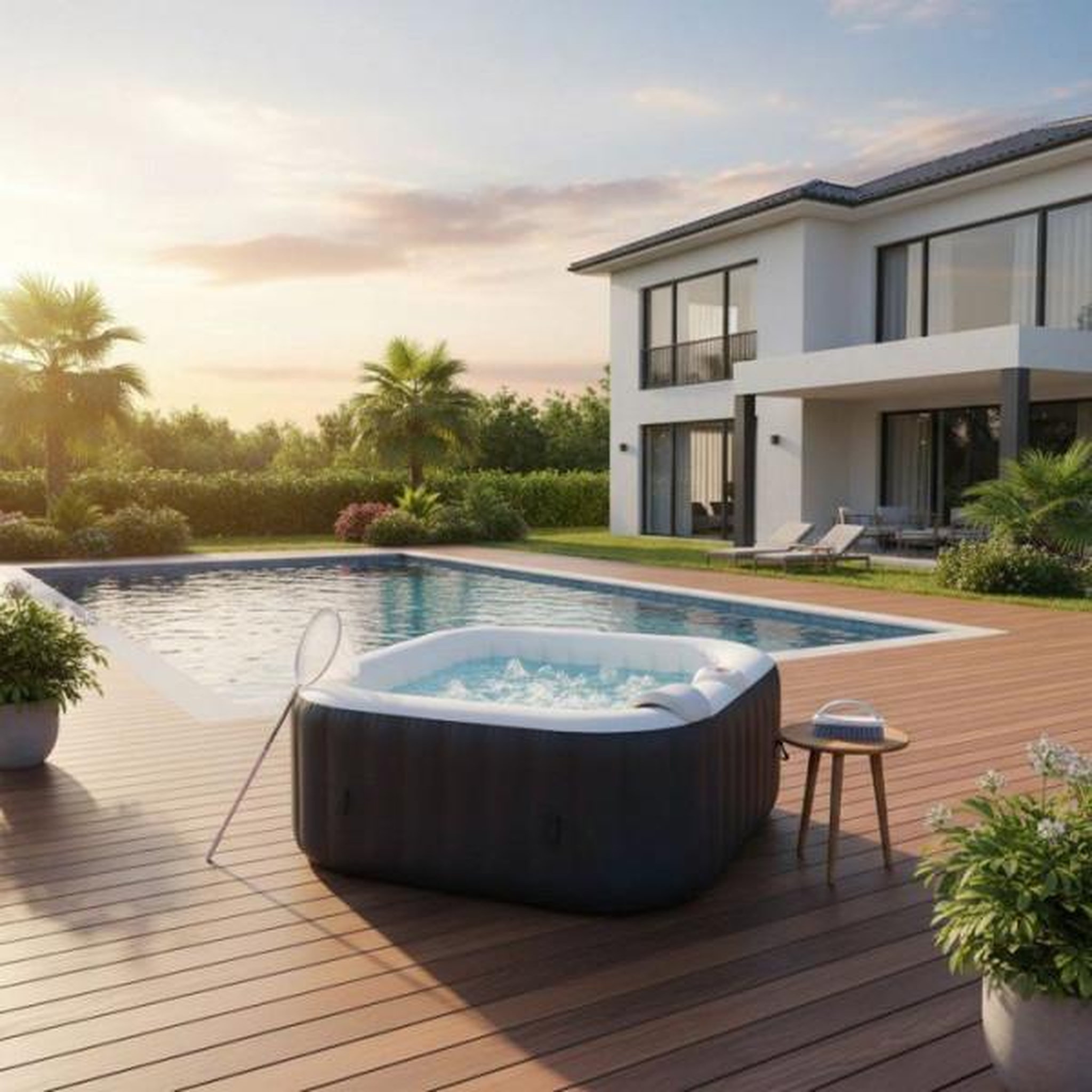 Voir la diapositive 2 : SUNSPA KIT TOUT INCLUS SUNSPA: spa gonflable carré 6 places et accessoires : 4 appuis tetes, filtre, épuisette, brosse, tapis, couver