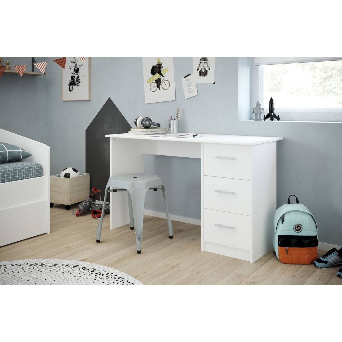 Bureau enfant droit 3 tiroirsL121 x H74 x P55cm STUDY