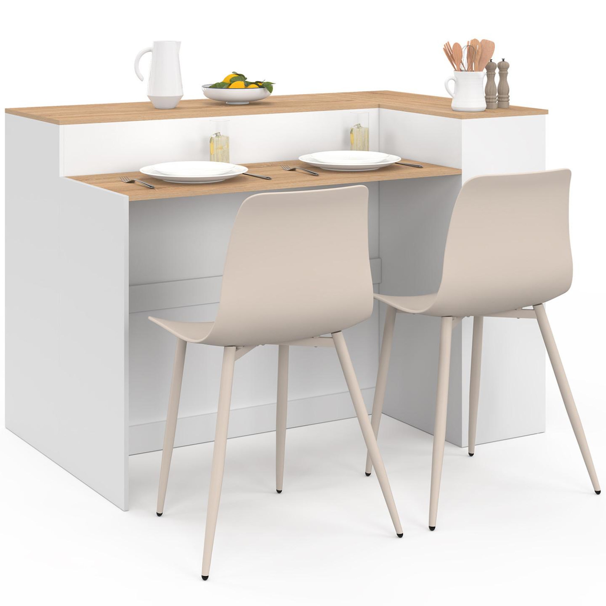 Voir la diapositive 4 : ID MARKET Ilot central tomi 130 cm 2 personnes double plateau bois blanc avec plan de travail façon hêtre