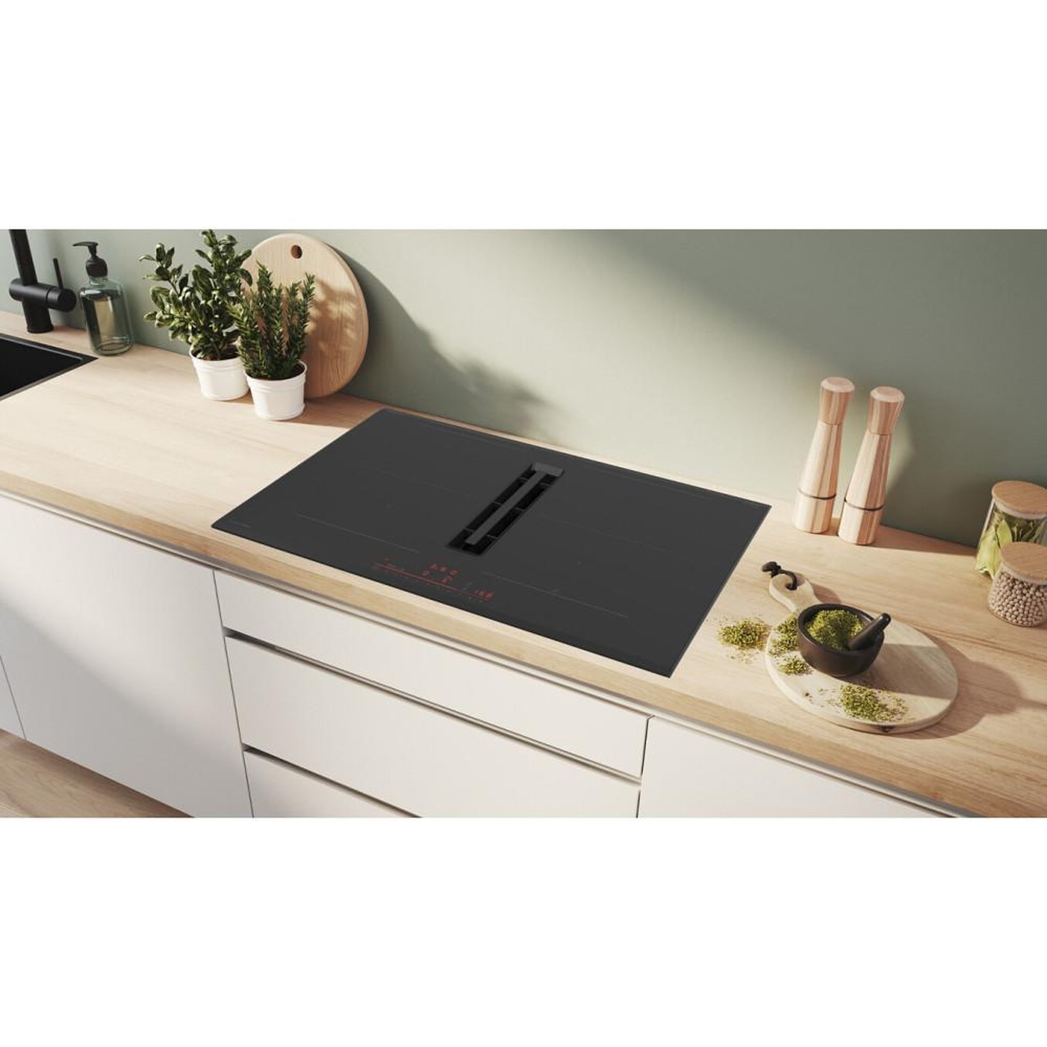 Voir la diapositive 6 : BOSCH Bosch pvq795h26e table de cuisson à induction 71 cm intégrée avec hotte escamotable downdraft, 4 zones dont 2 combizone, commandes sensitives, extraction 500 m³/h et 69 db