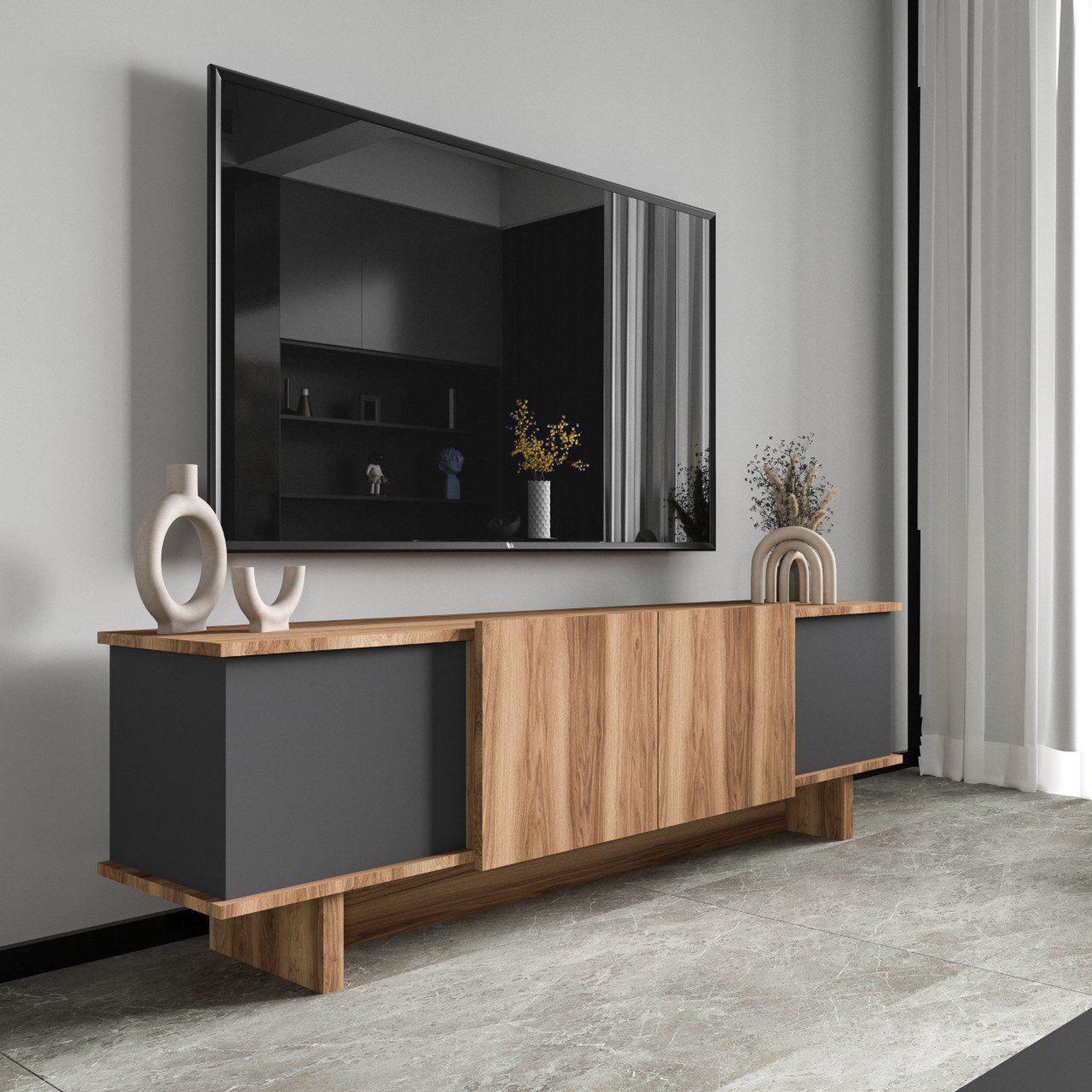Voir la diapositive 2 : Habitat et Jardin Meuble tv en bois  diana  180 x 33 x 50 cm - anthracite