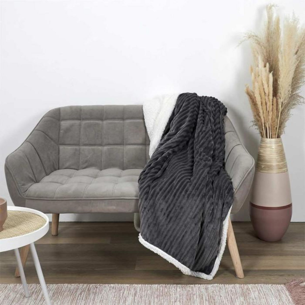 Paris Prix Plaid Flanelle Côtelé  Sherpa  180x220cm Gris