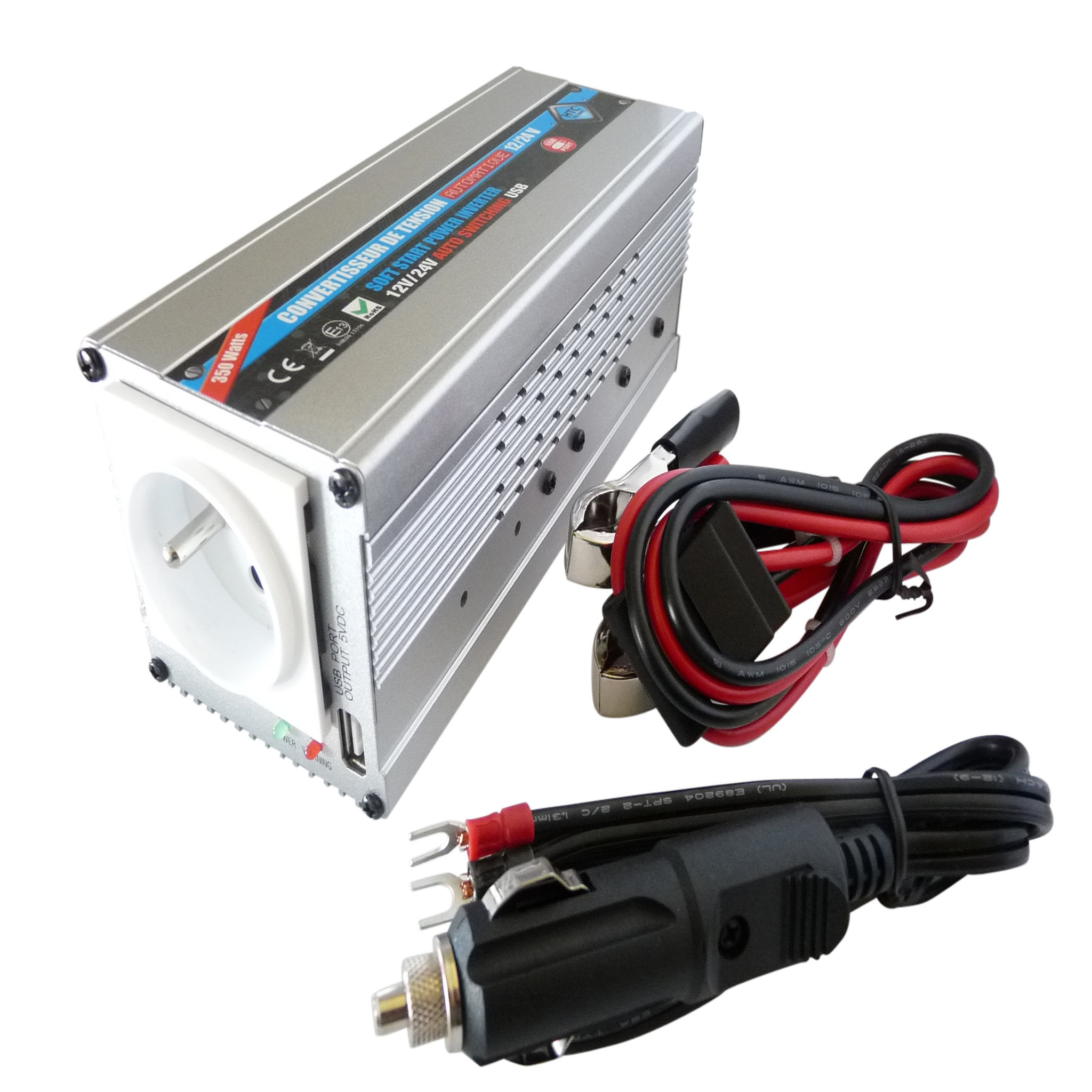 Convertisseur de tension automatique 12-24V / 220V - 350W avec prise USB 0.5 A