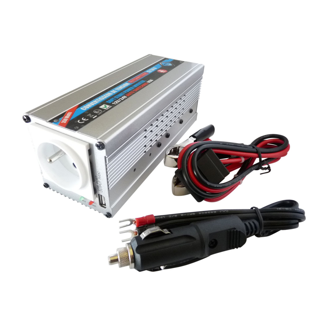 Convertisseur de tension automatique 12-24V / 220V - 350W avec prise USB 0.5 A