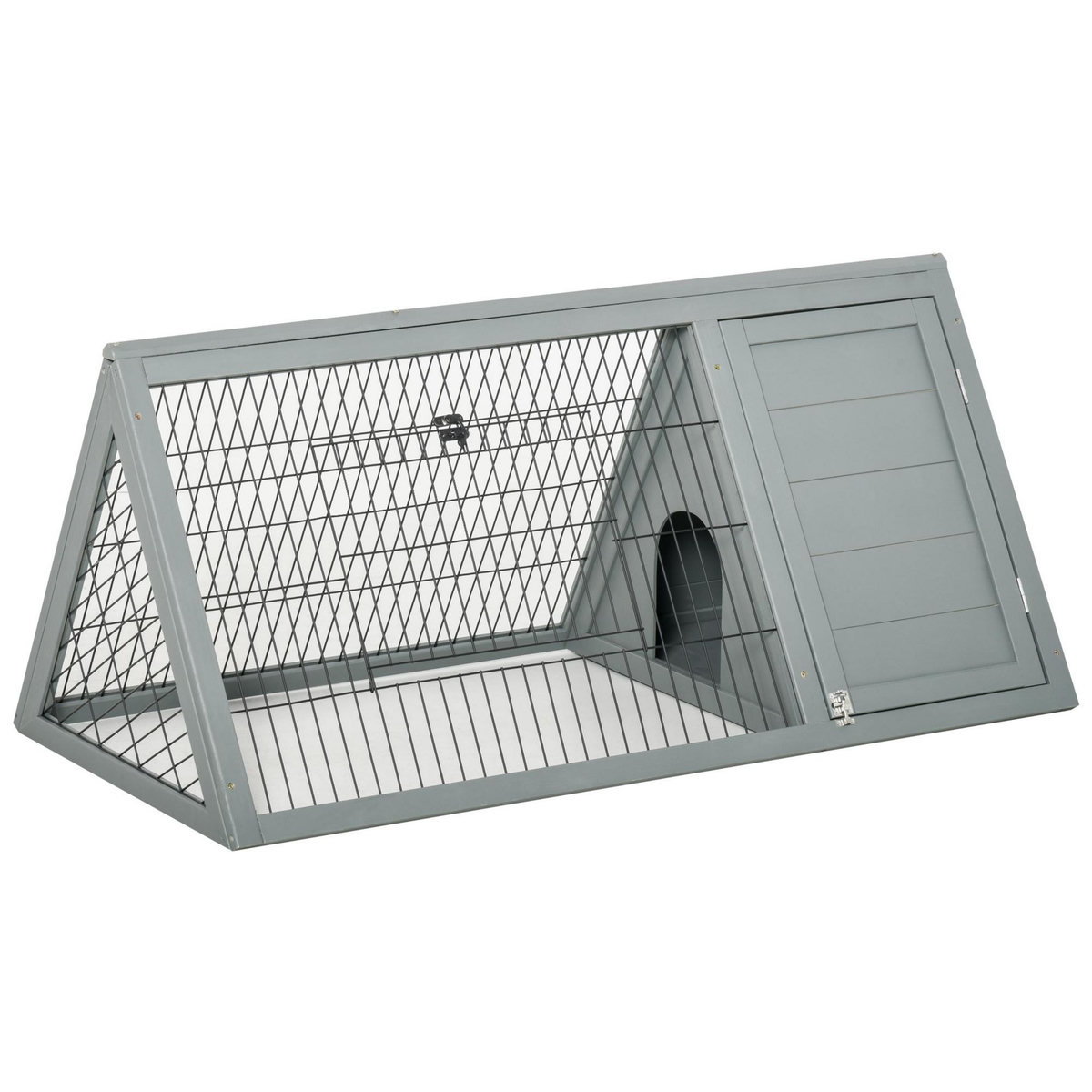 PAWHUT Clapier triangulaire de sol enclos extérieur niche double porte dim. 116L x 62l x 52,5H cm métal bois sapin gris