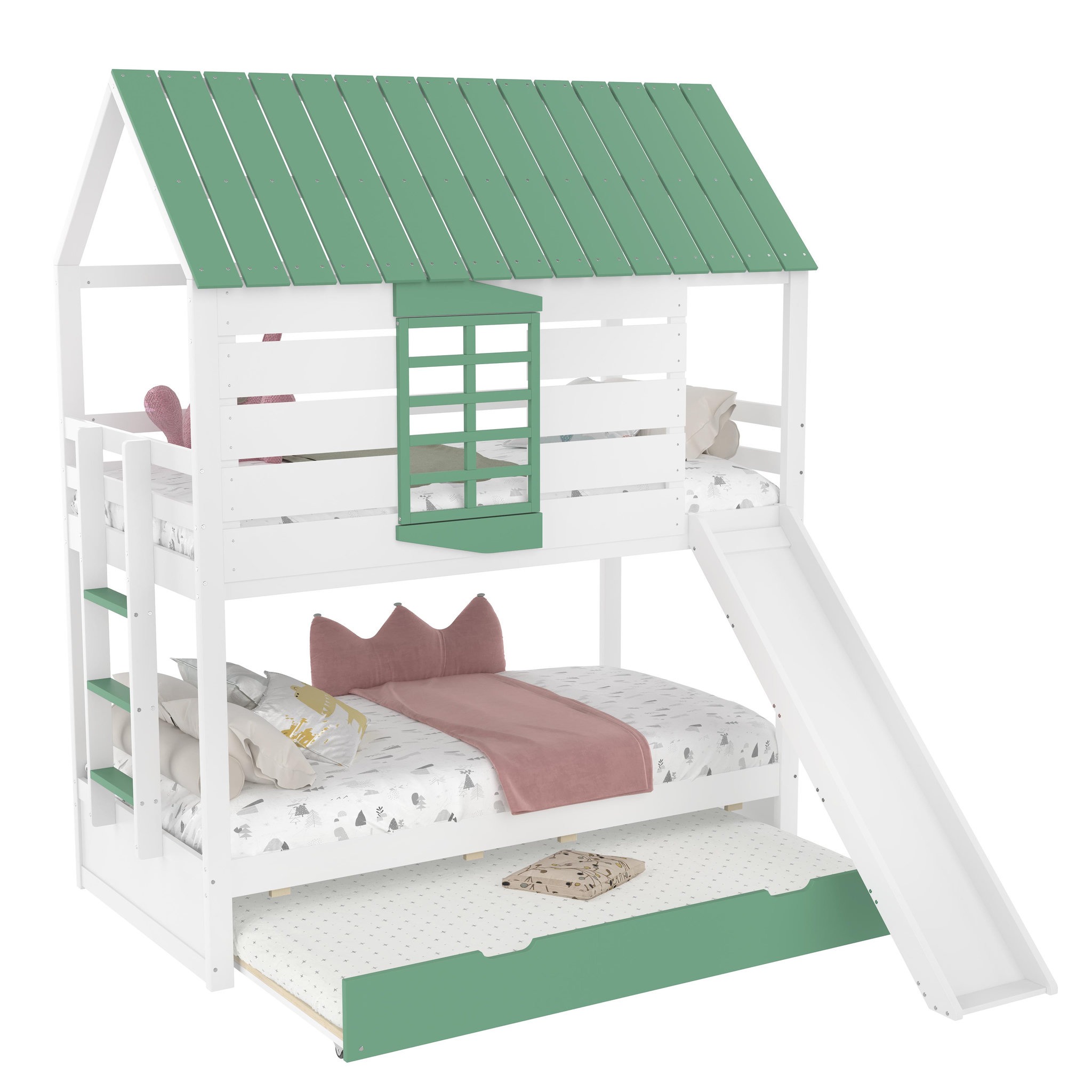 MERAX Lit superposé 140x200cm coloris blanc+vert pin et mdf
