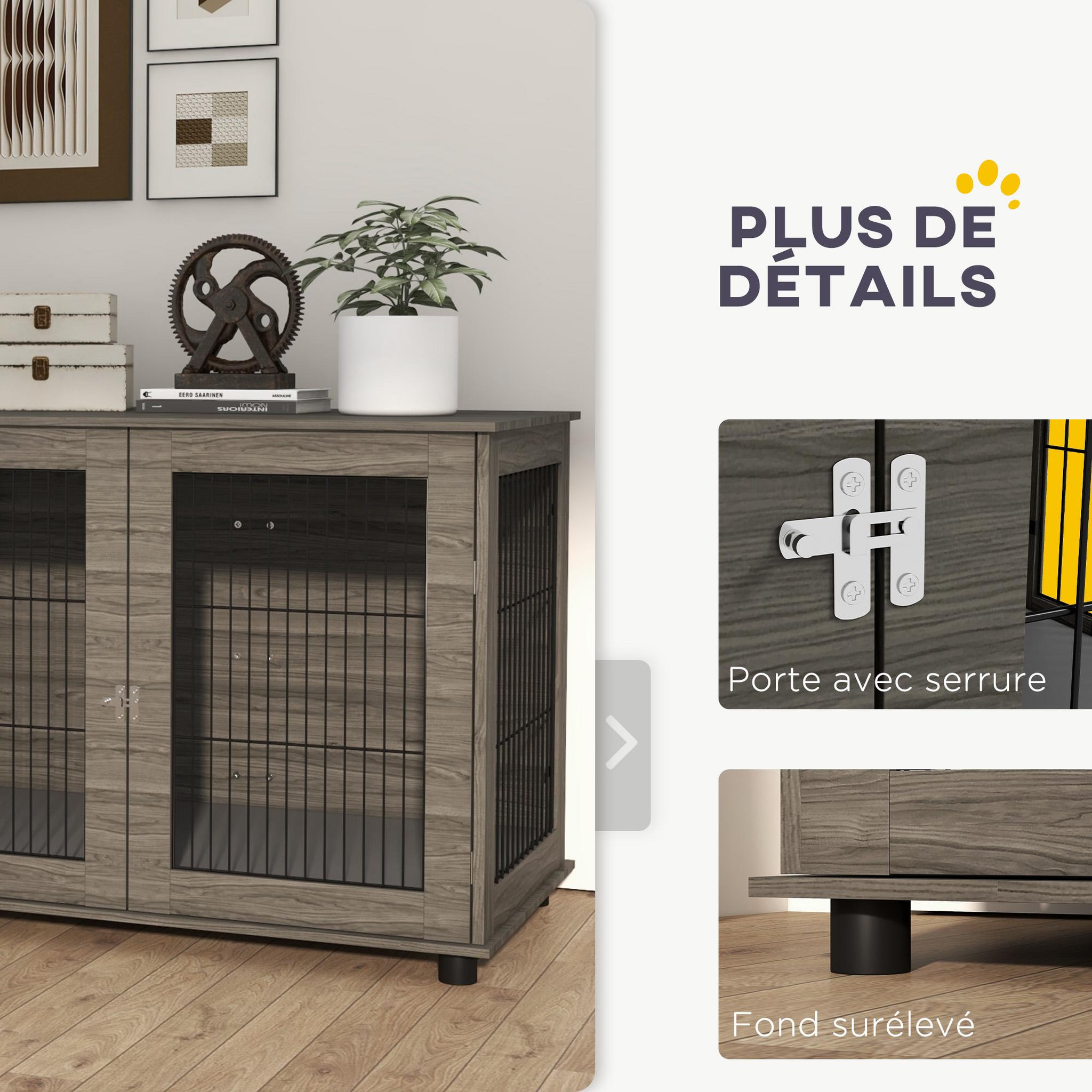 Voir la diapositive 6 : PAWHUT Cage pour chien intérieure dim. 100l x 60l x 73,5h cm - porte verrouillable, coussin déhoussable - acier noir aspect bois gris
